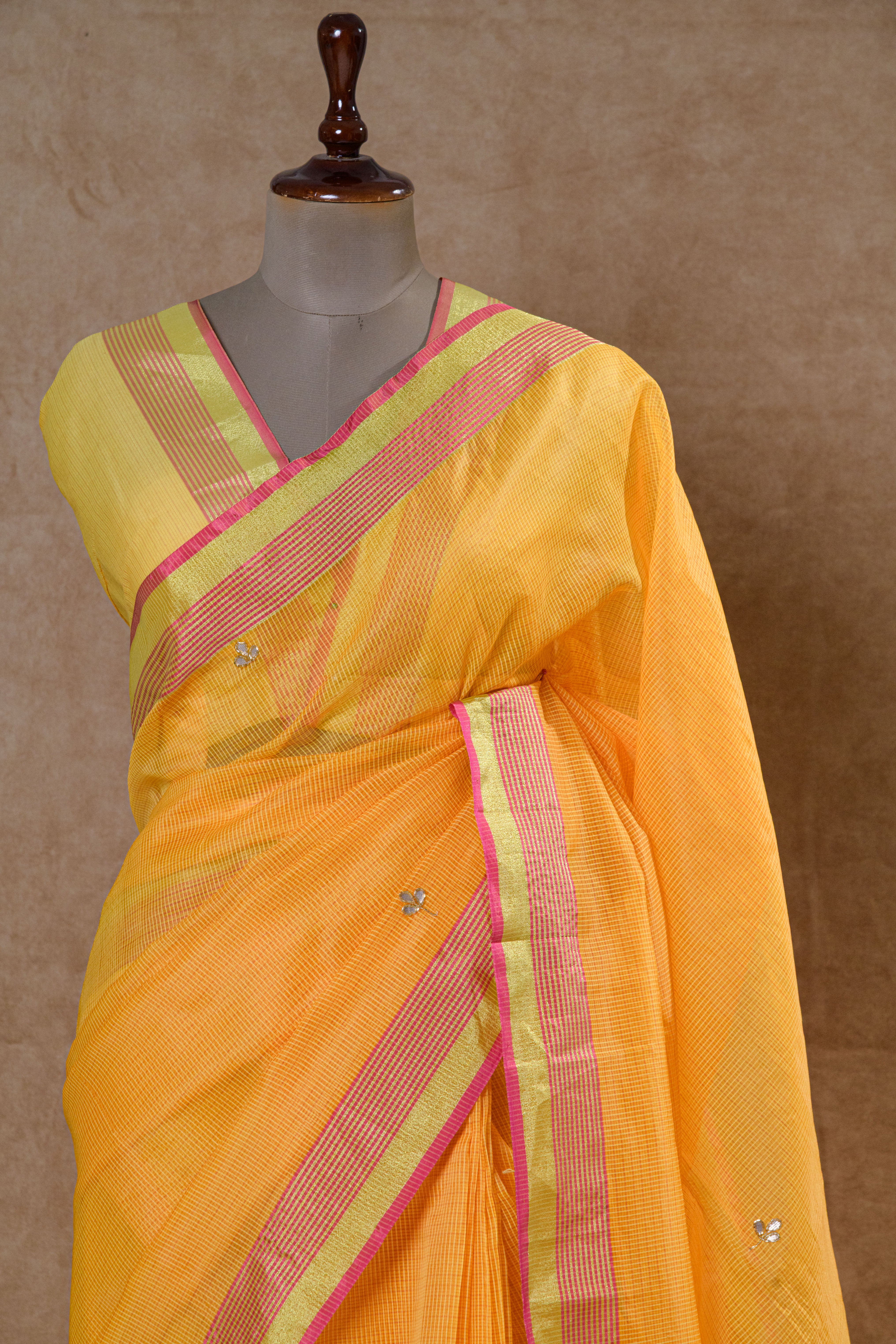 Yellow Kota Doria Handwork Saree with Golden Border
