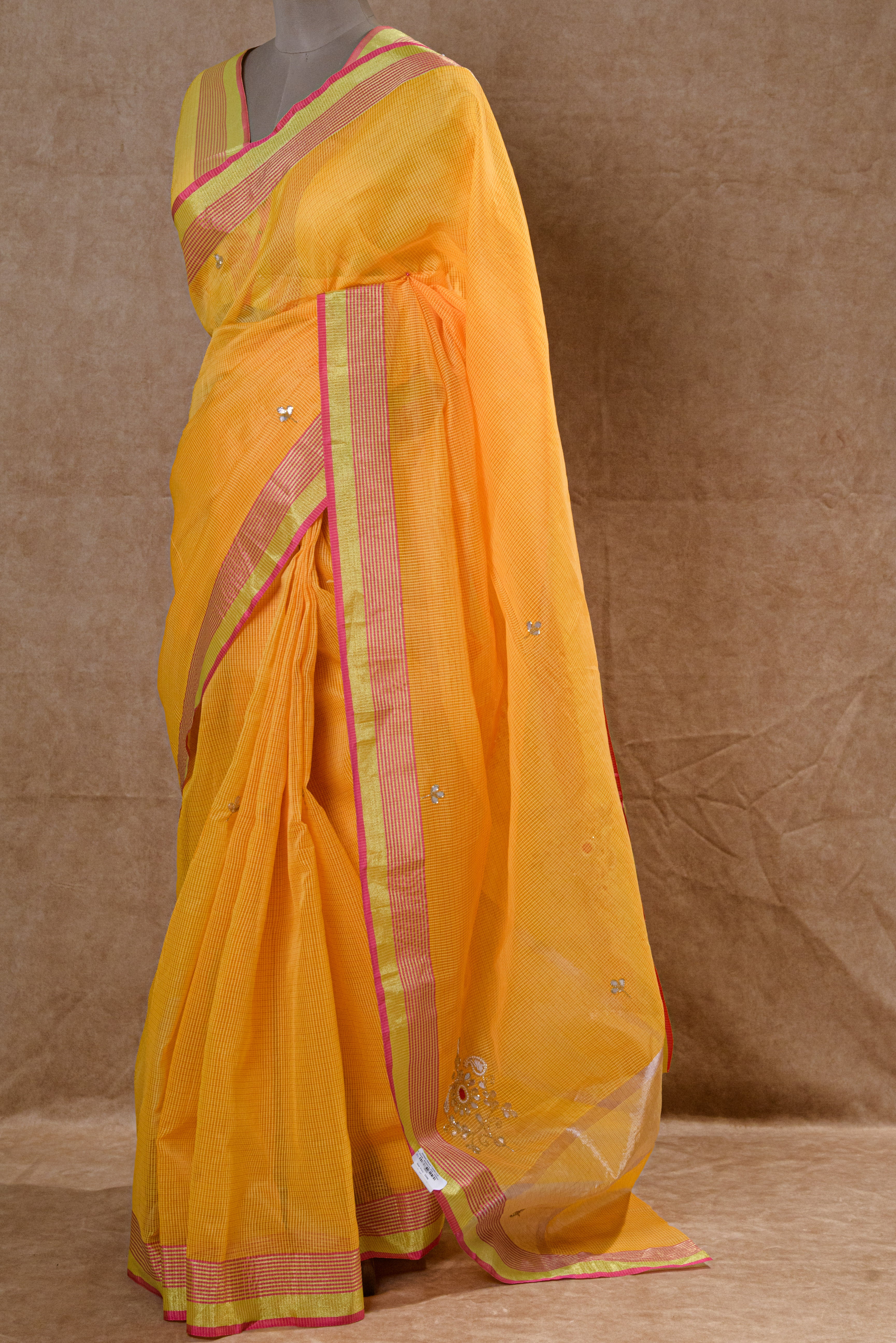 Yellow Kota Doria Handwork Saree with Golden Border
