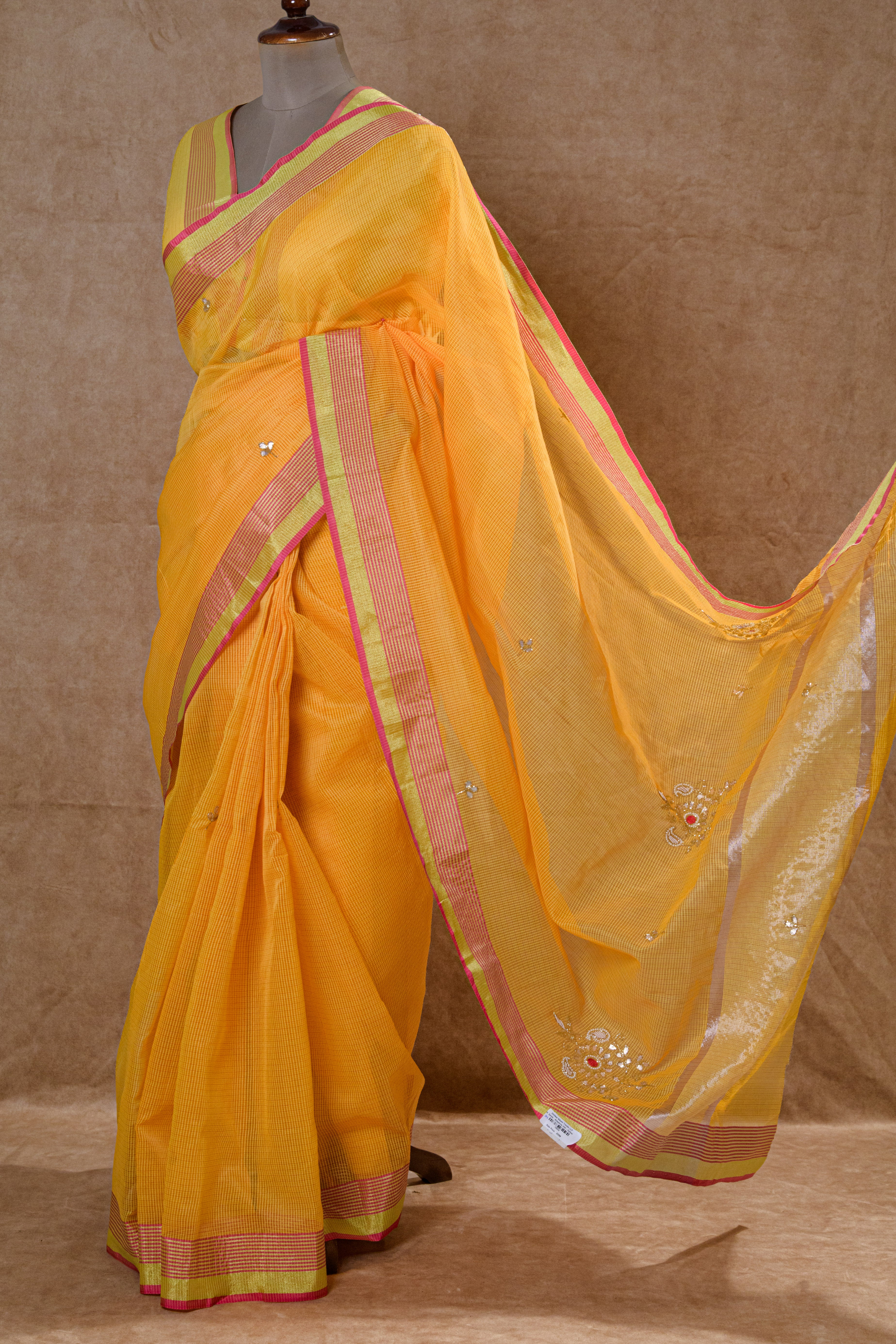 Yellow Kota Doria Handwork Saree with Golden Border