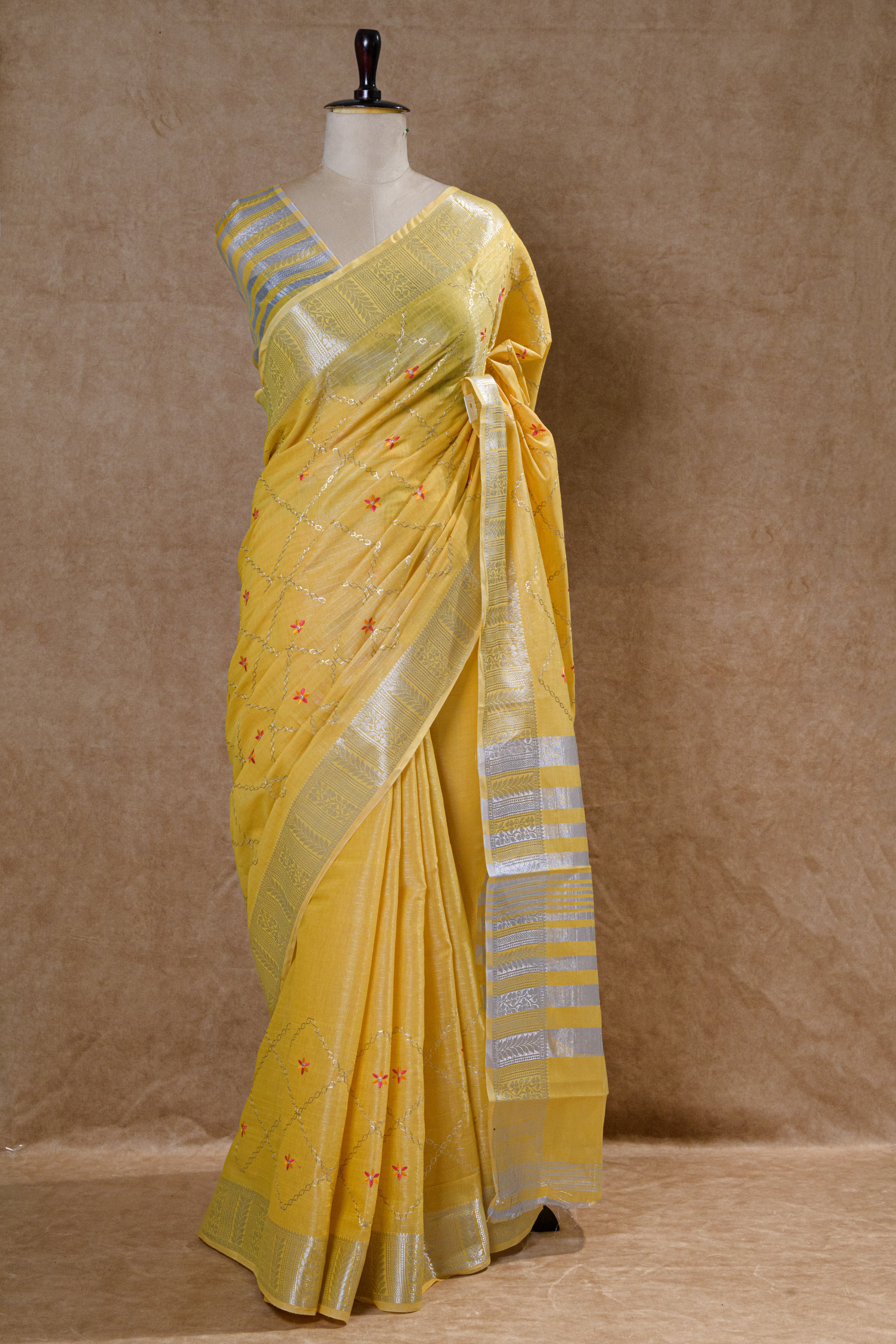 Golden Yellow Cotton Tissue Saree with Linen Strap Blouse Piece
