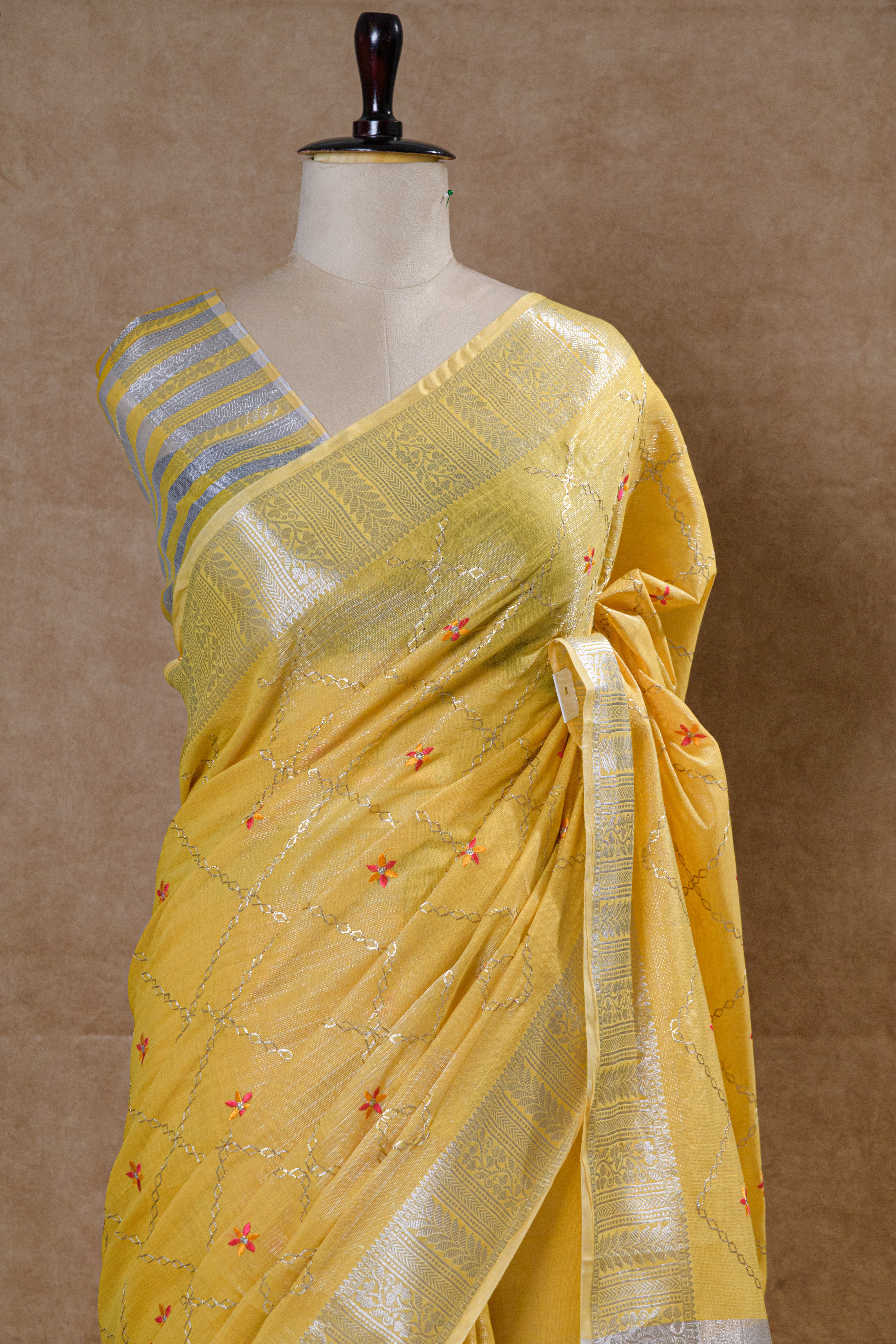 Golden Yellow Cotton Tissue Saree with Linen Strap Blouse Piece