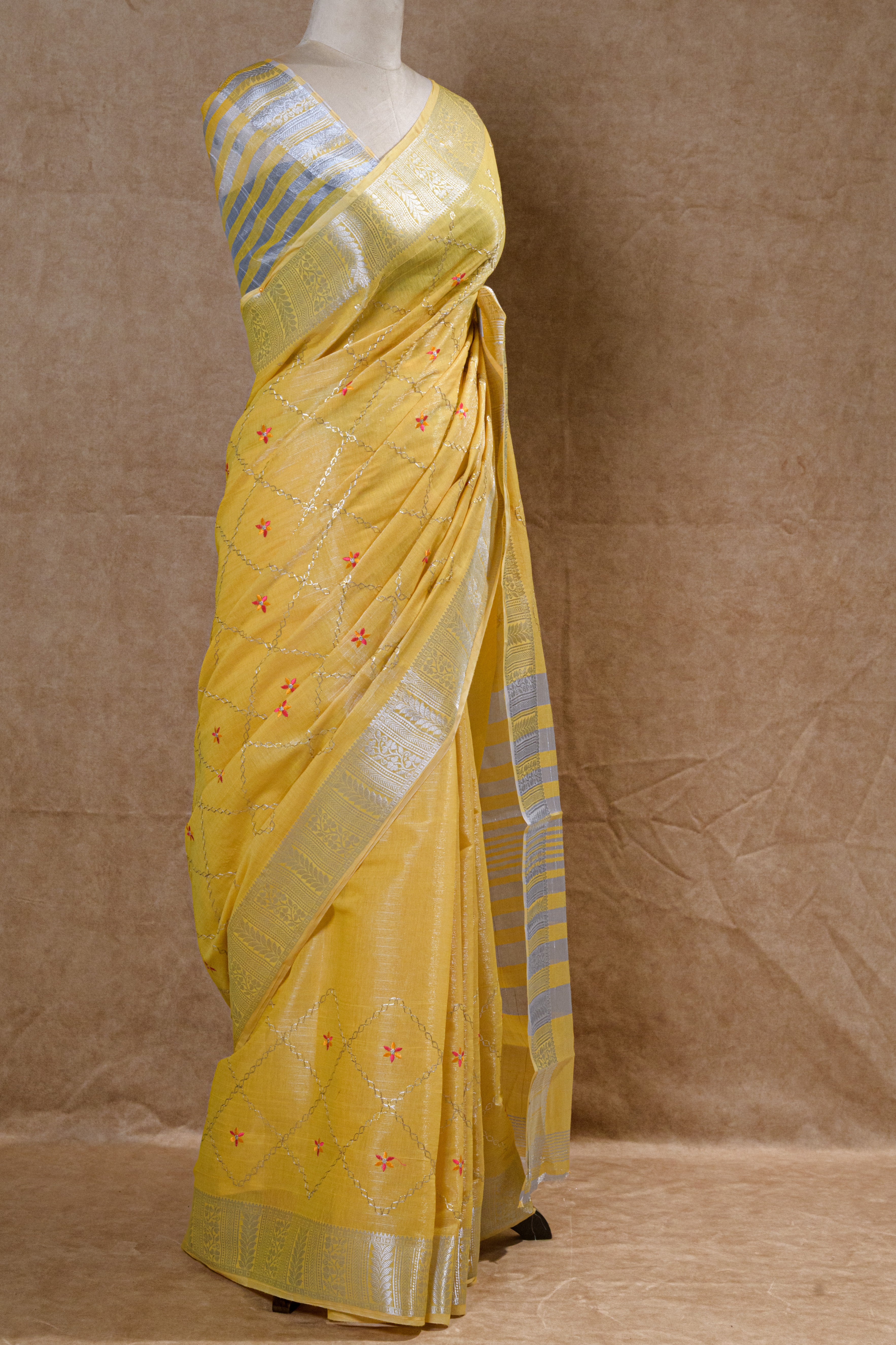 Golden Yellow Cotton Tissue Saree with Linen Strap Blouse Piece