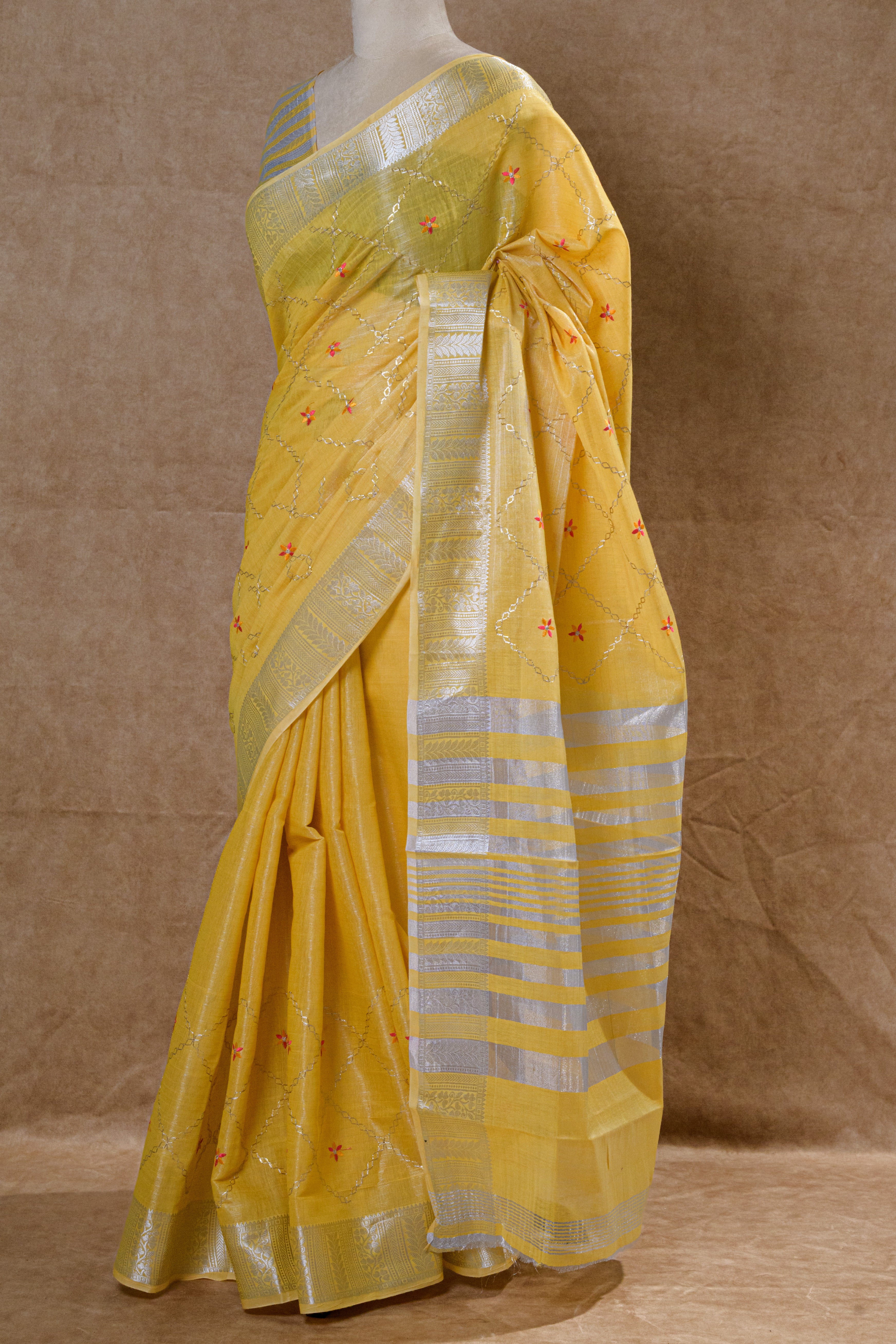 Golden Yellow Cotton Tissue Saree with Linen Strap Blouse Piece