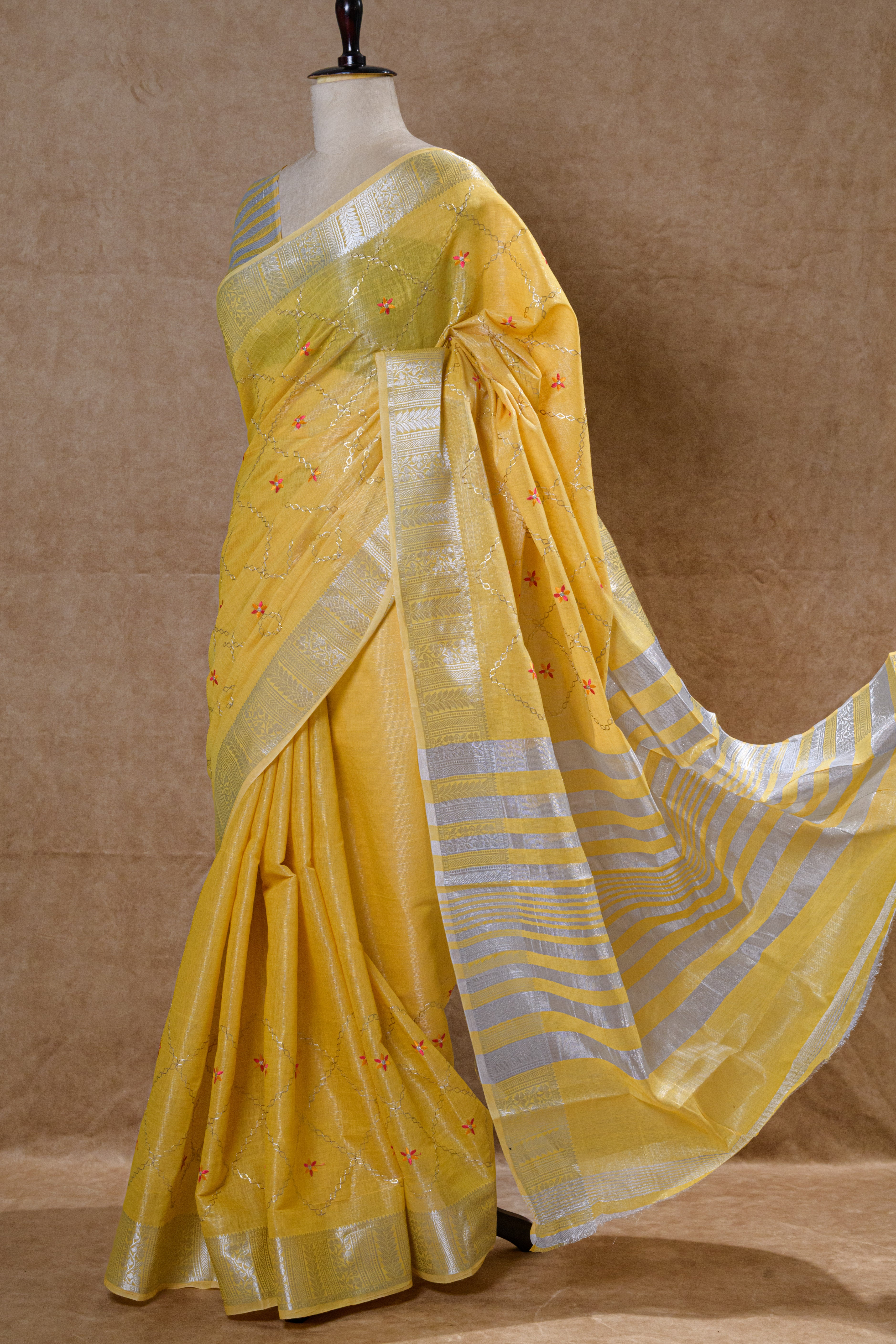 Golden Yellow Cotton Tissue Saree with Linen Strap Blouse Piece
