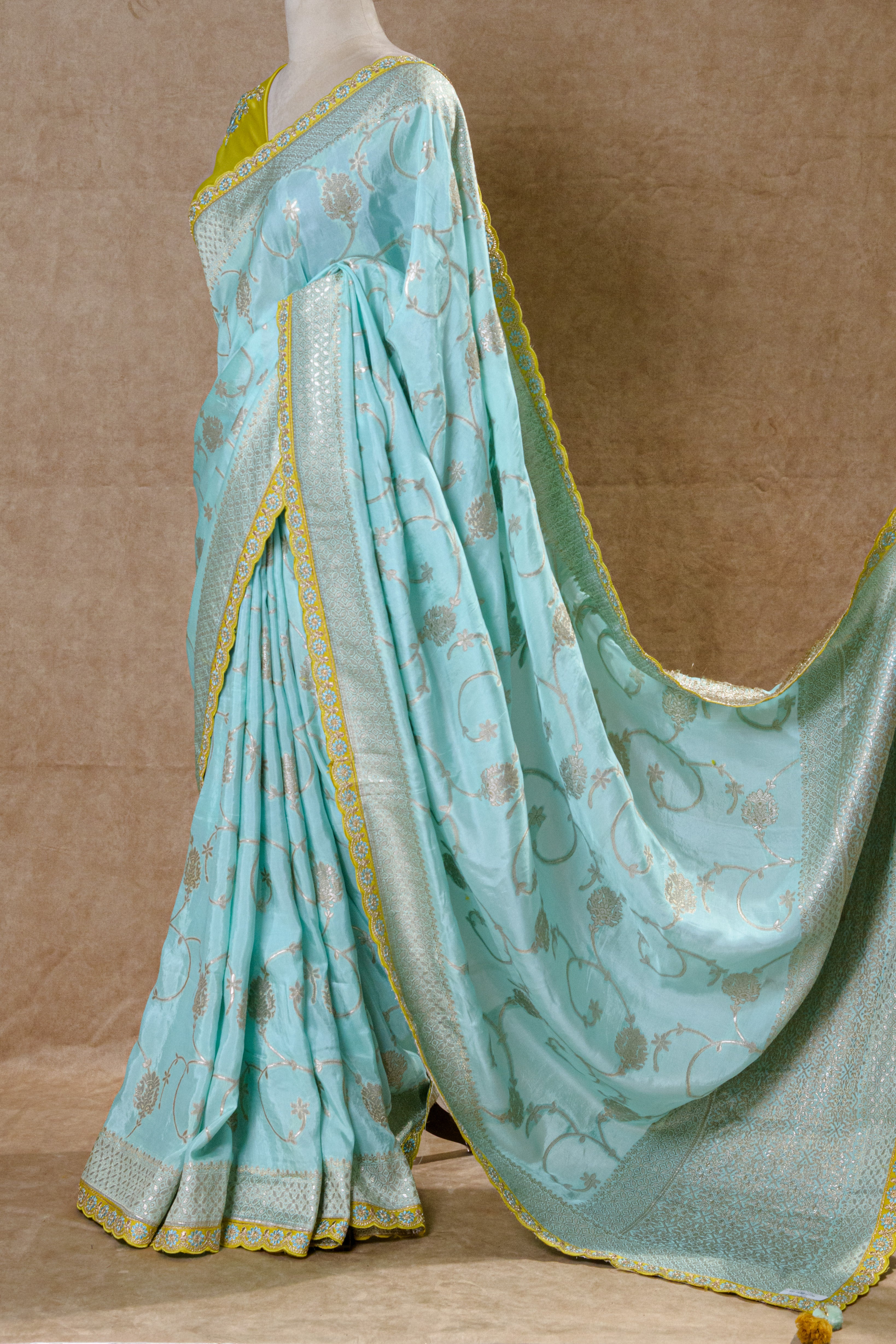 Pista Mint Designer Silk Saree with Silver-Golden Zari and Mirror Work