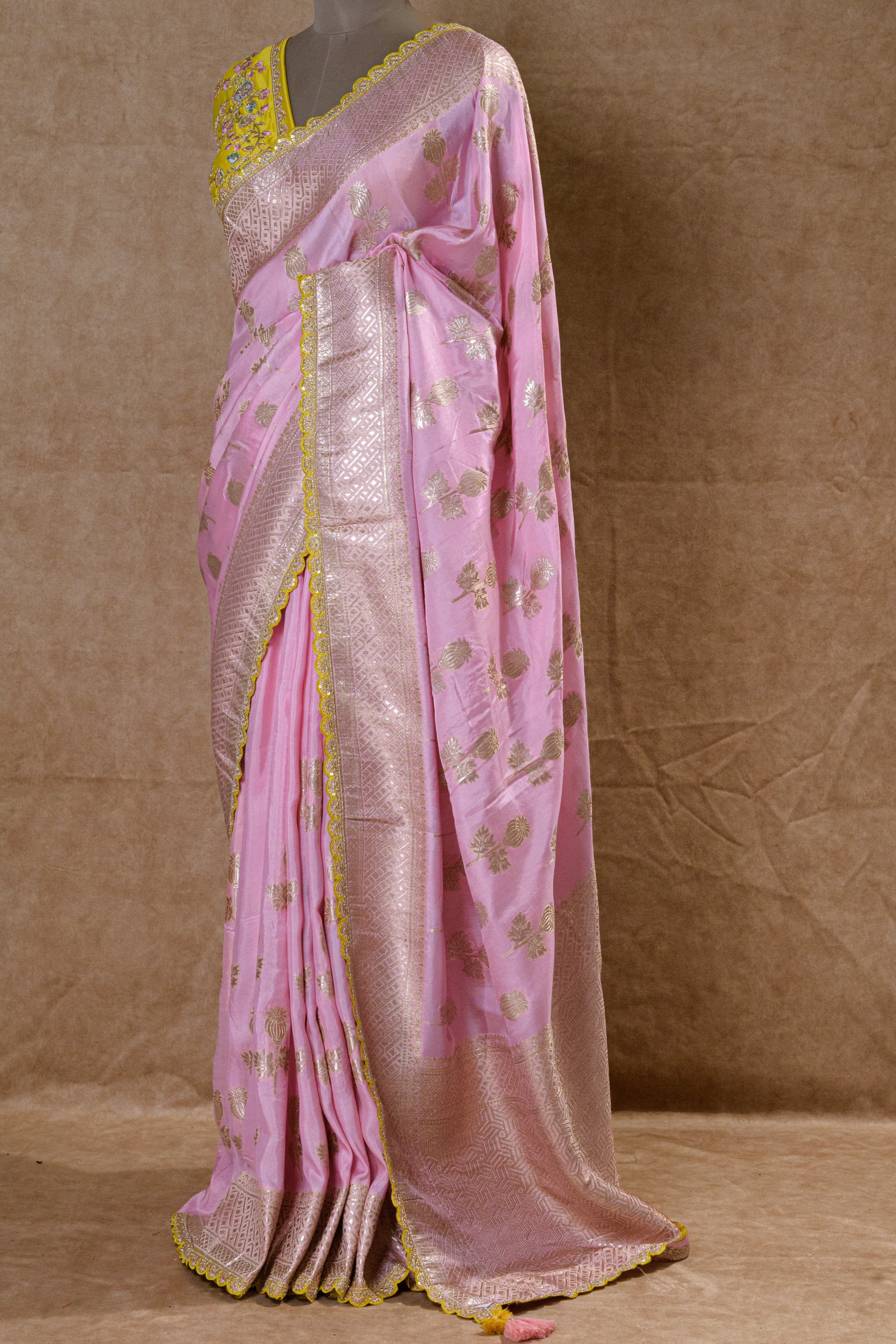 Baby Pink Crepe Silk Designer Saree with Yellow Embroidered Border and Mirror Zari Work