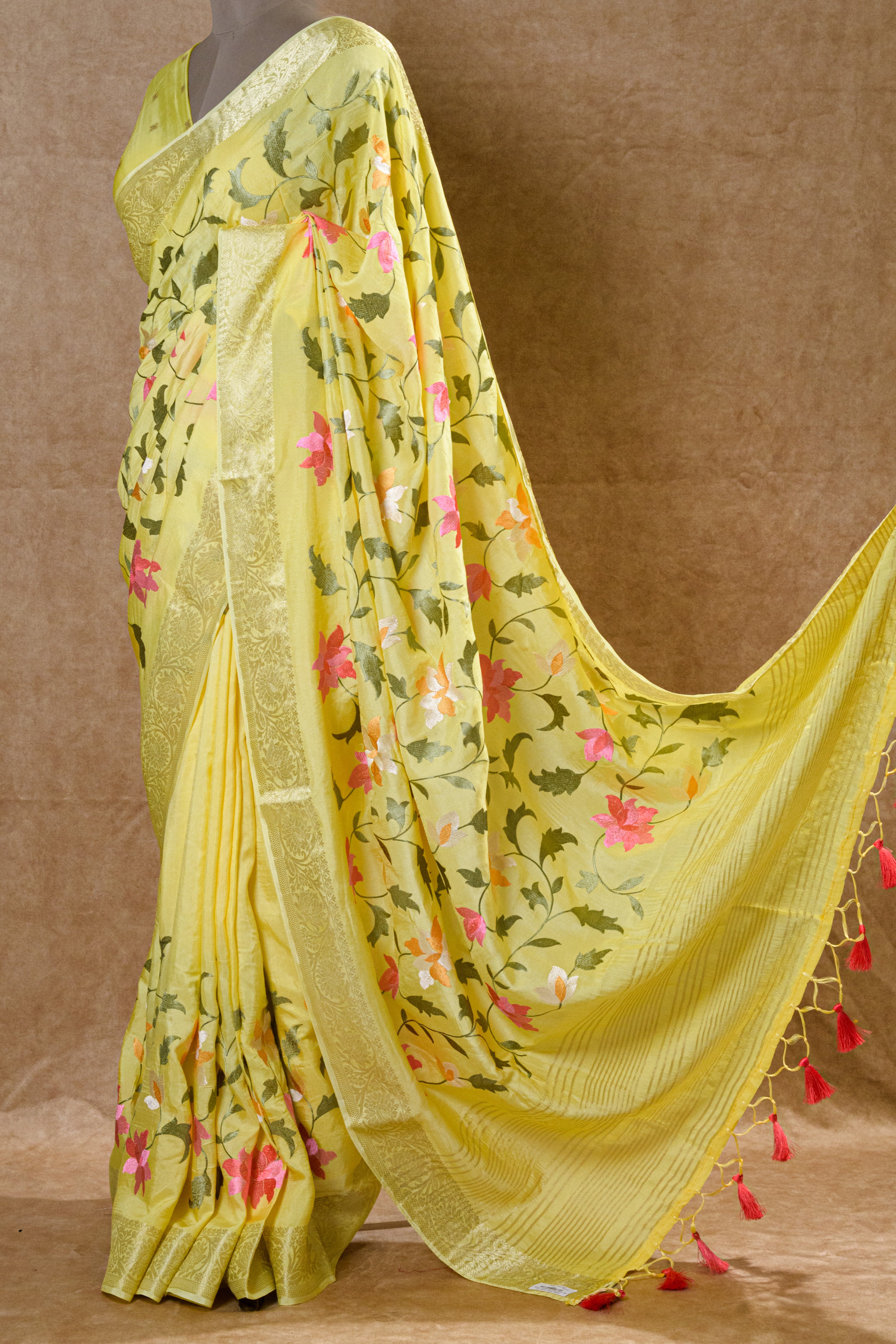 Yellow Chanderi Silk Saree with Light Gold Zari Border and Resham Embroidery