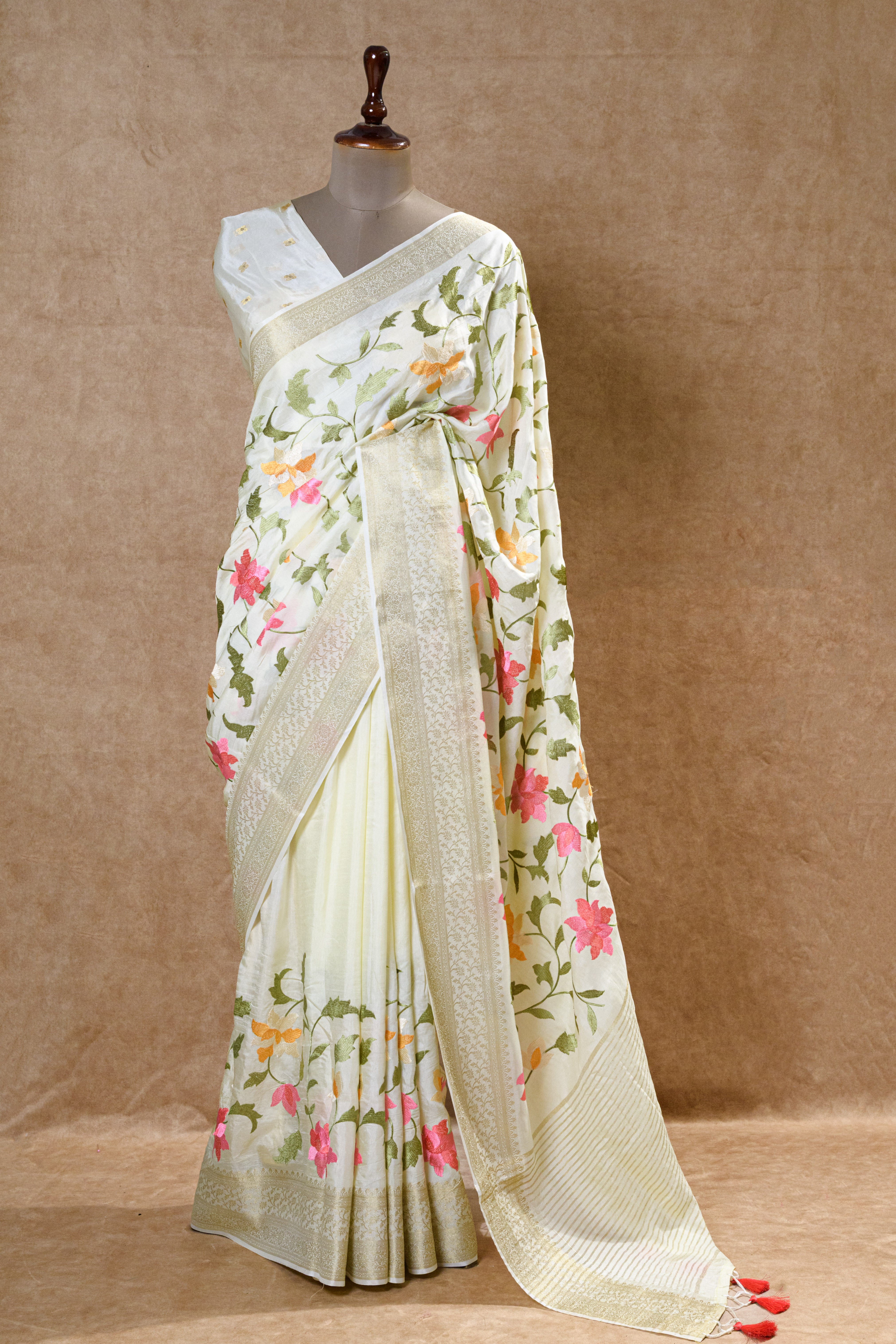 White Chanderi Silk Saree with Floral Design and Light Golden Zari Border