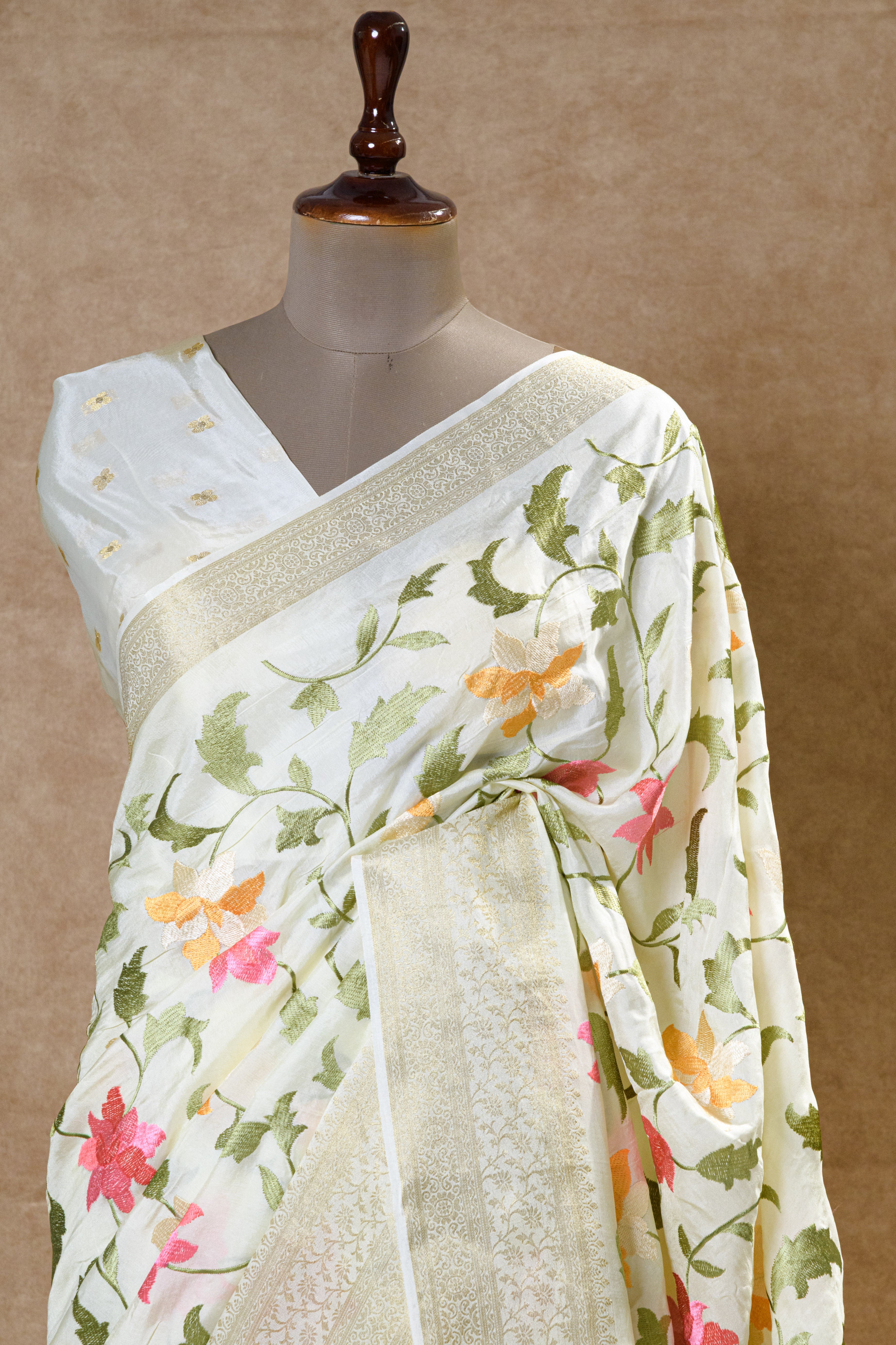 White Chanderi Silk Saree with Floral Design and Light Golden Zari Border
