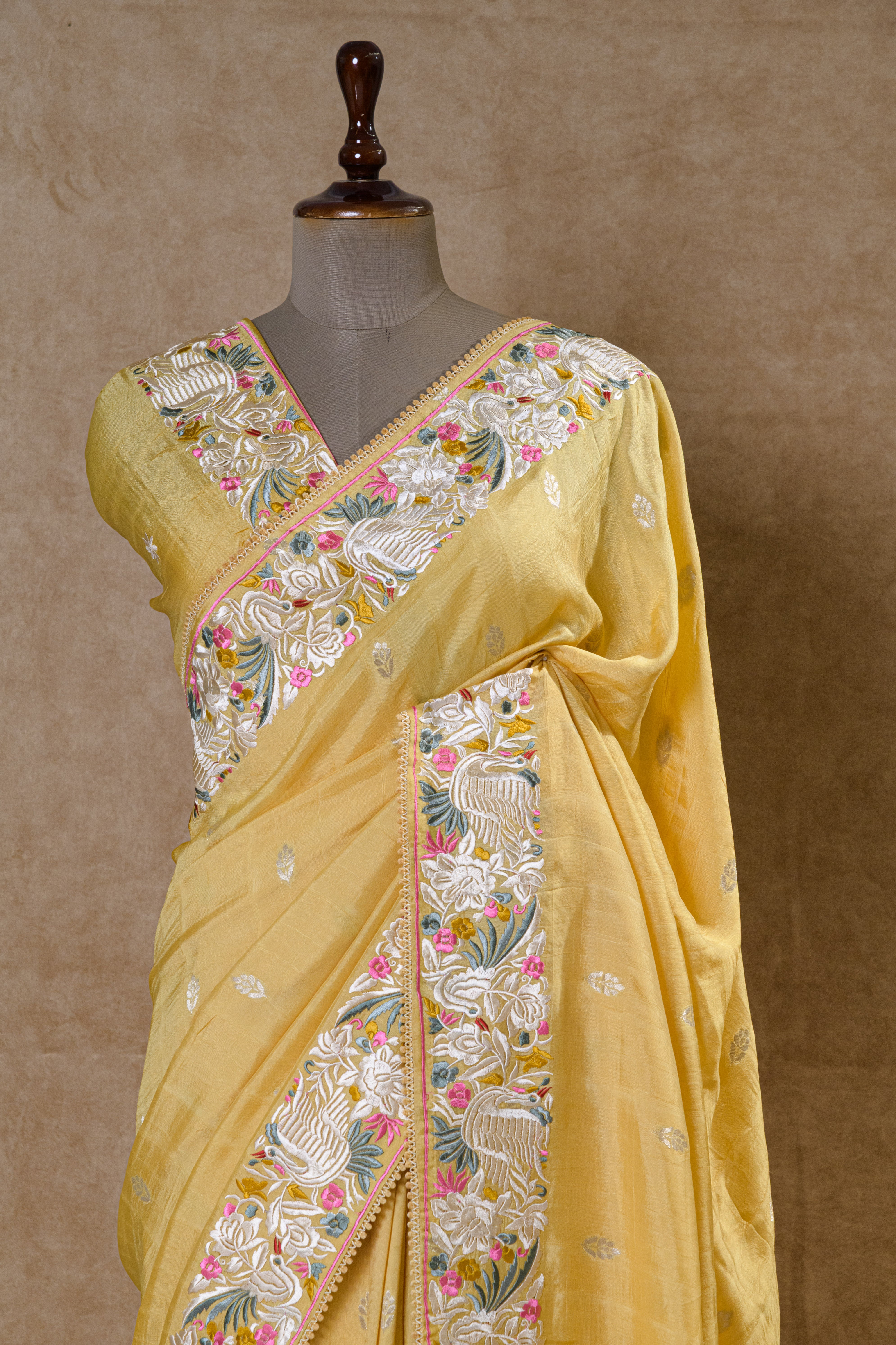 Light Mustard Yellow Silk Saree with Parsi Work and Resham Embroidery