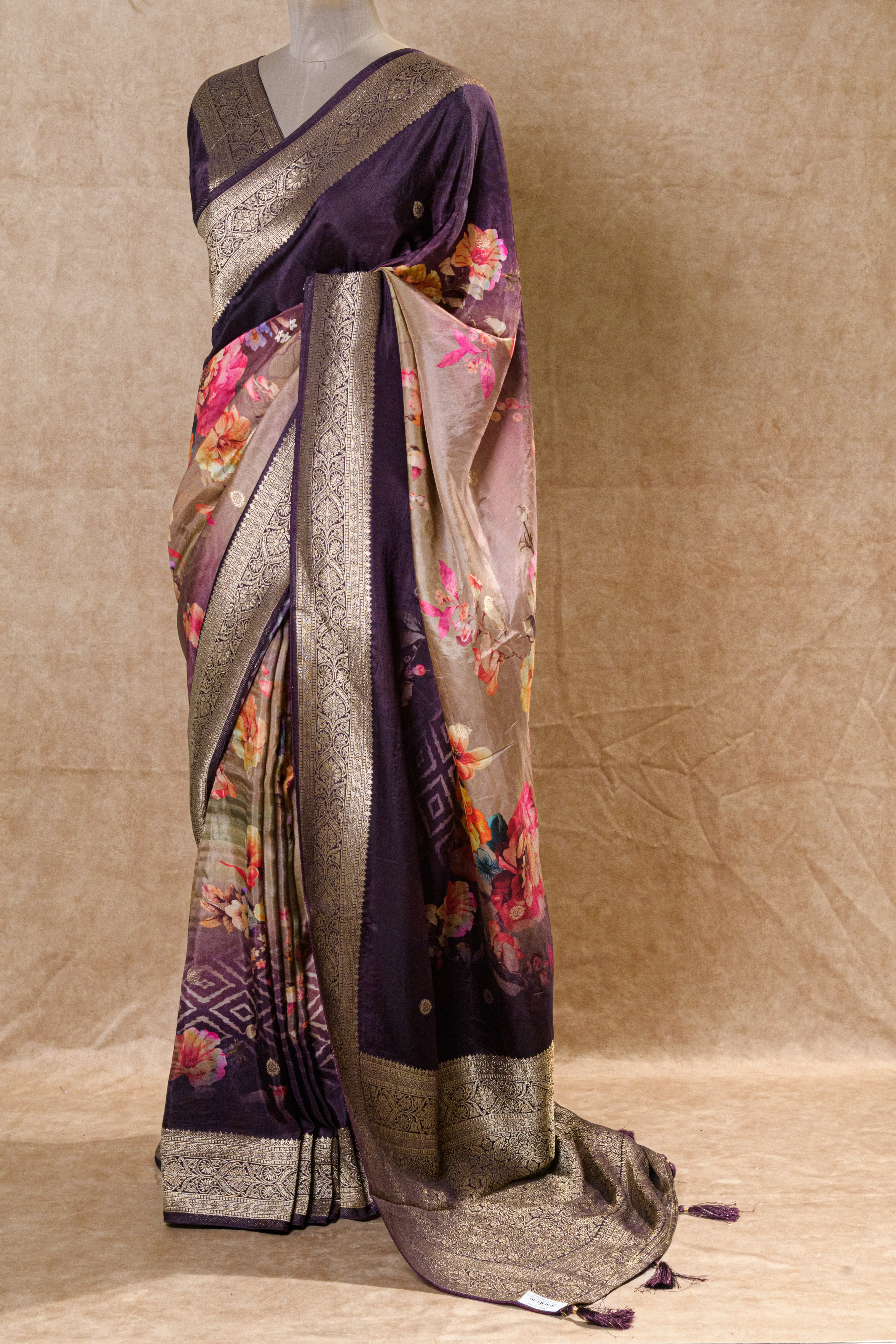 Coffee Color Chanderi Silk Saree with Digital Print and Zari Border