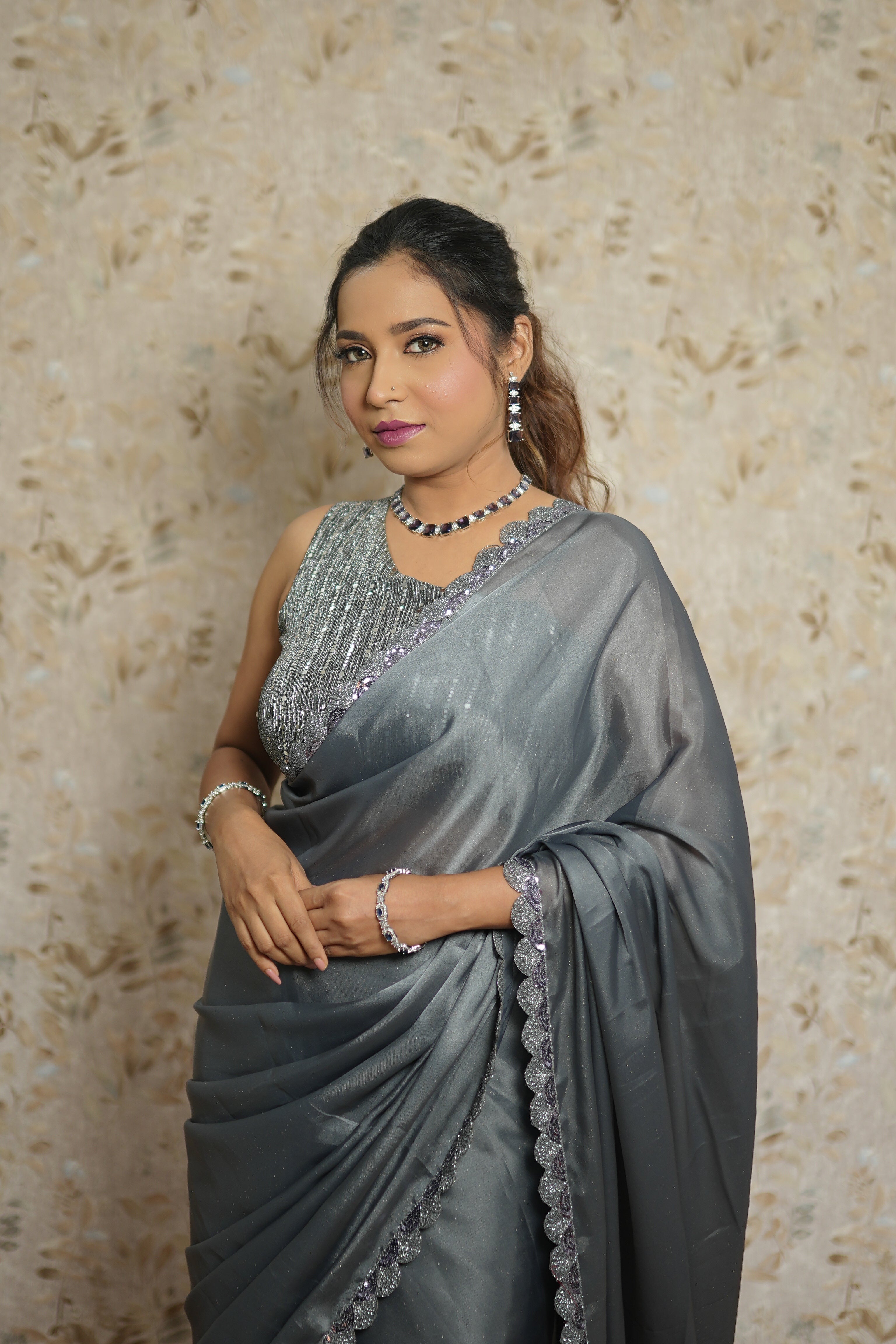 Grey Shimmer Georgette Saree with Zari & Sequin Lace Work