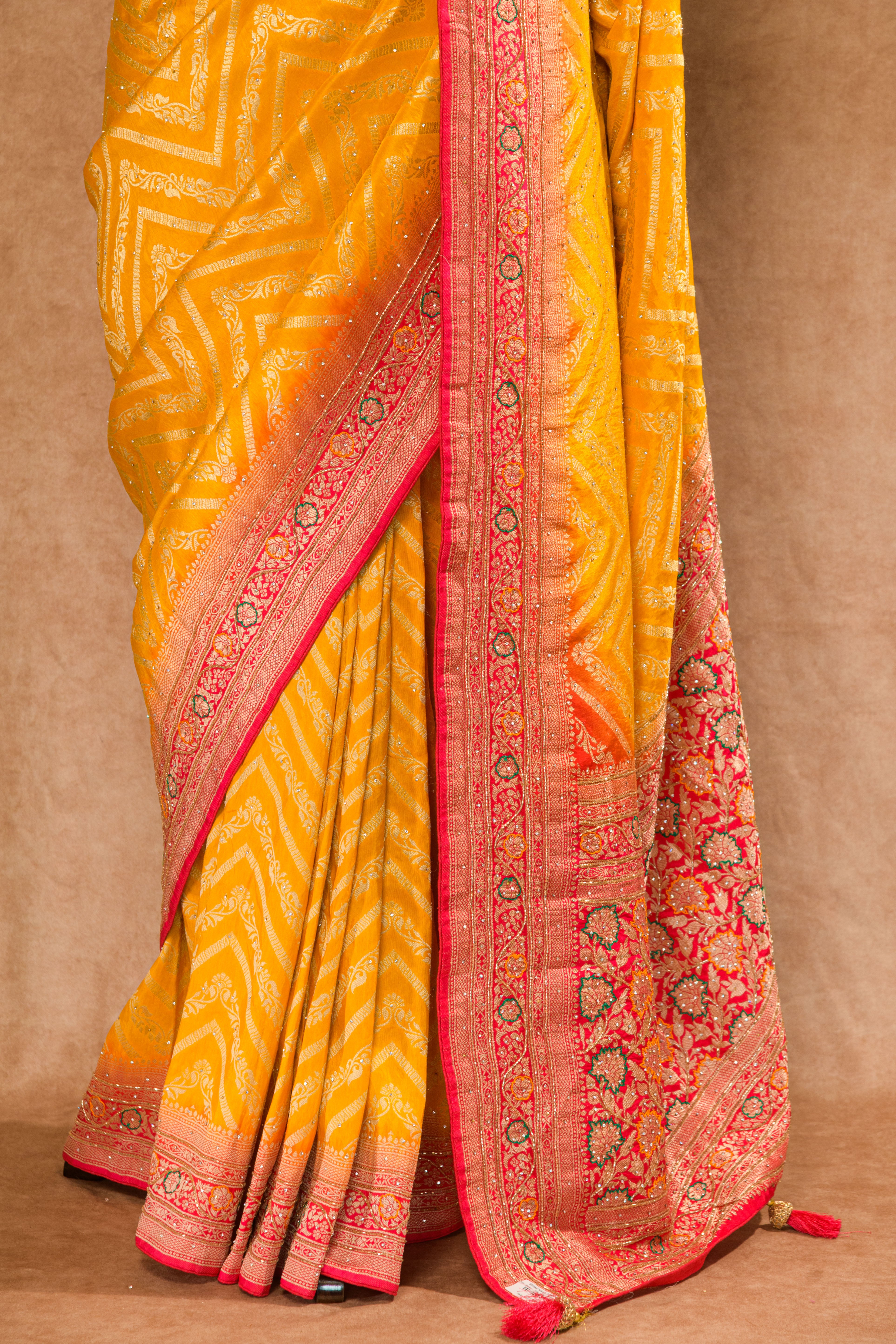 Yellow & Red Dolla Weaving Saree with Stone Work