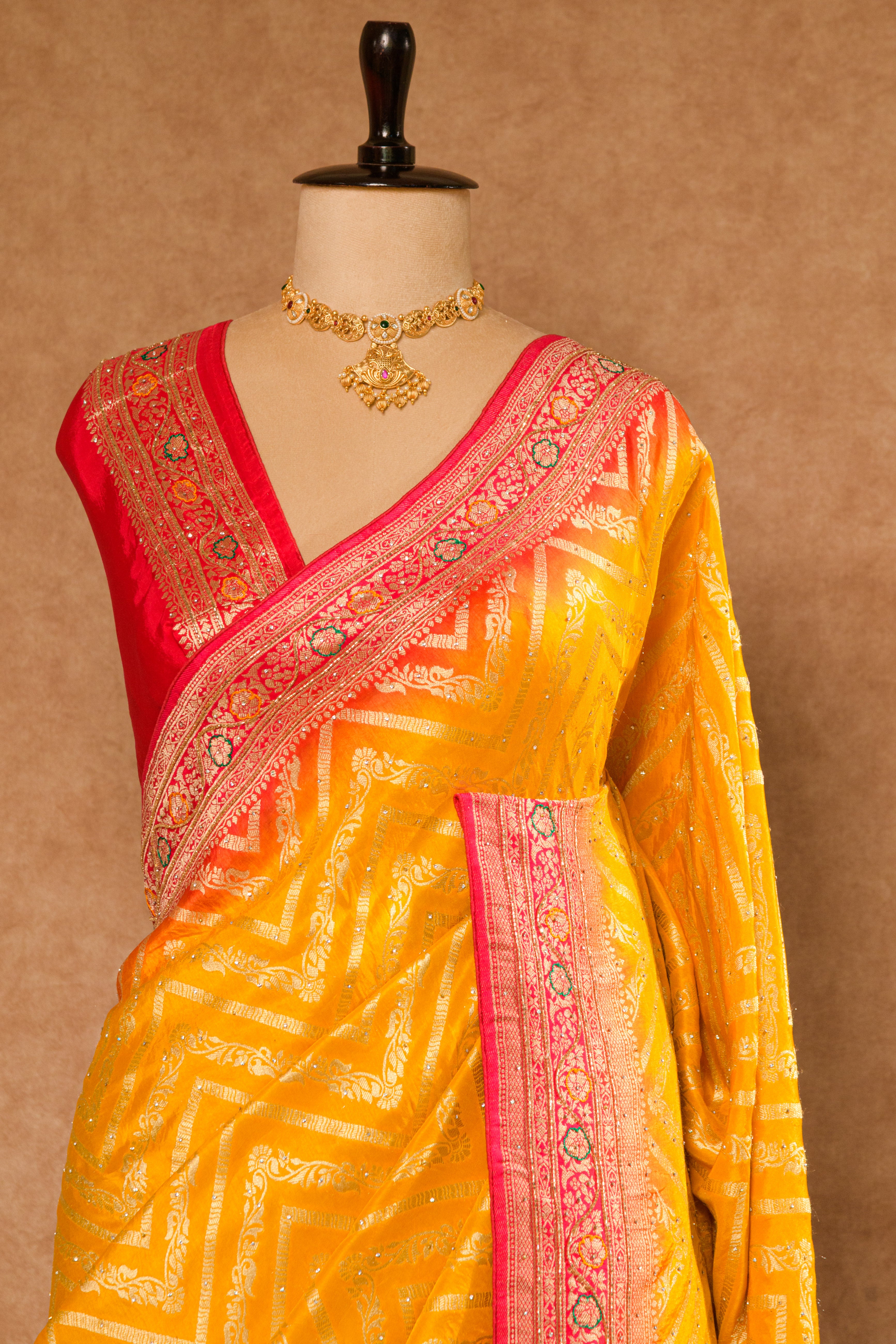 Yellow & Red Dolla Weaving Saree with Stone Work