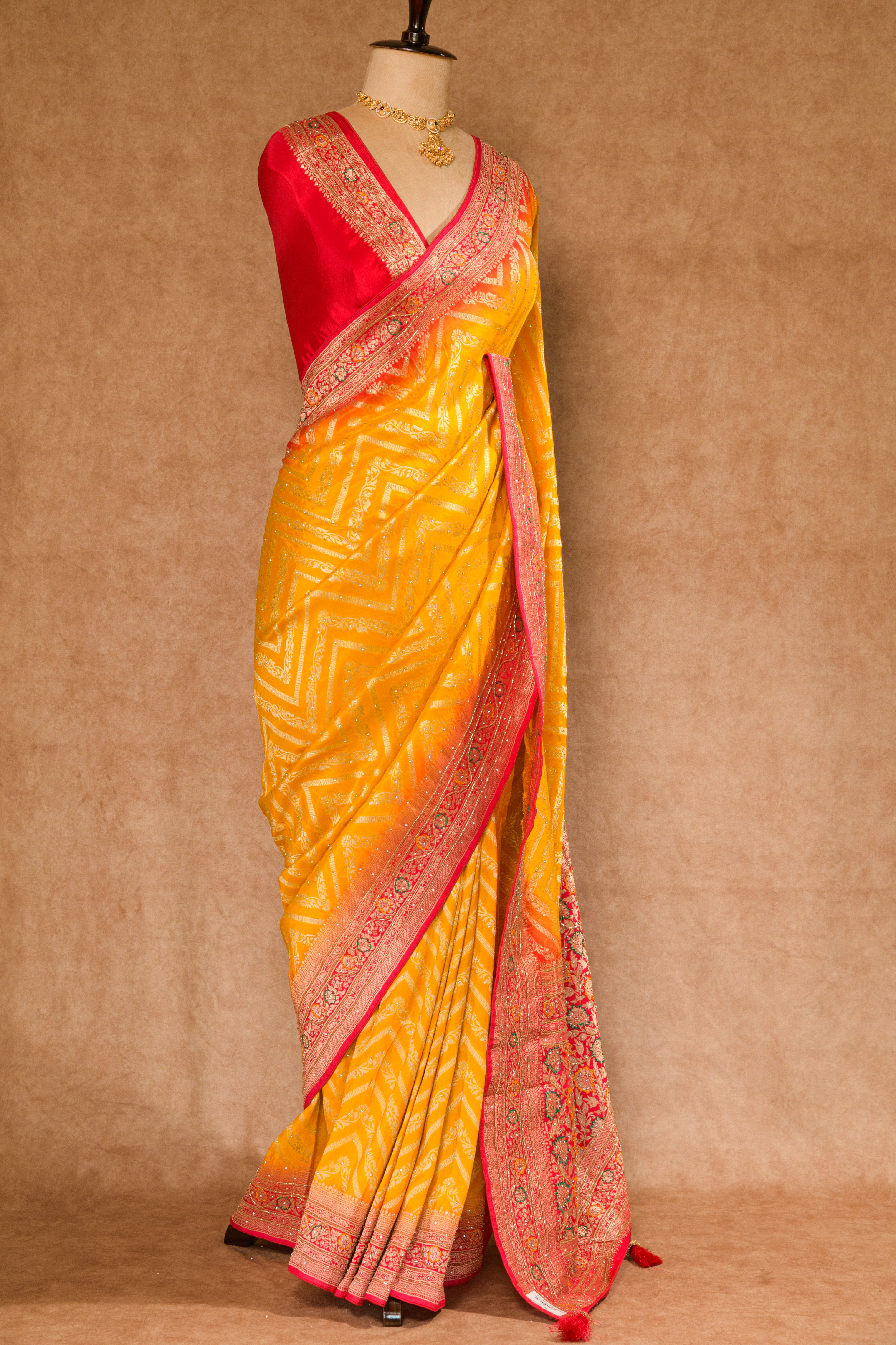 Yellow & Red Dolla Weaving Saree with Stone Work