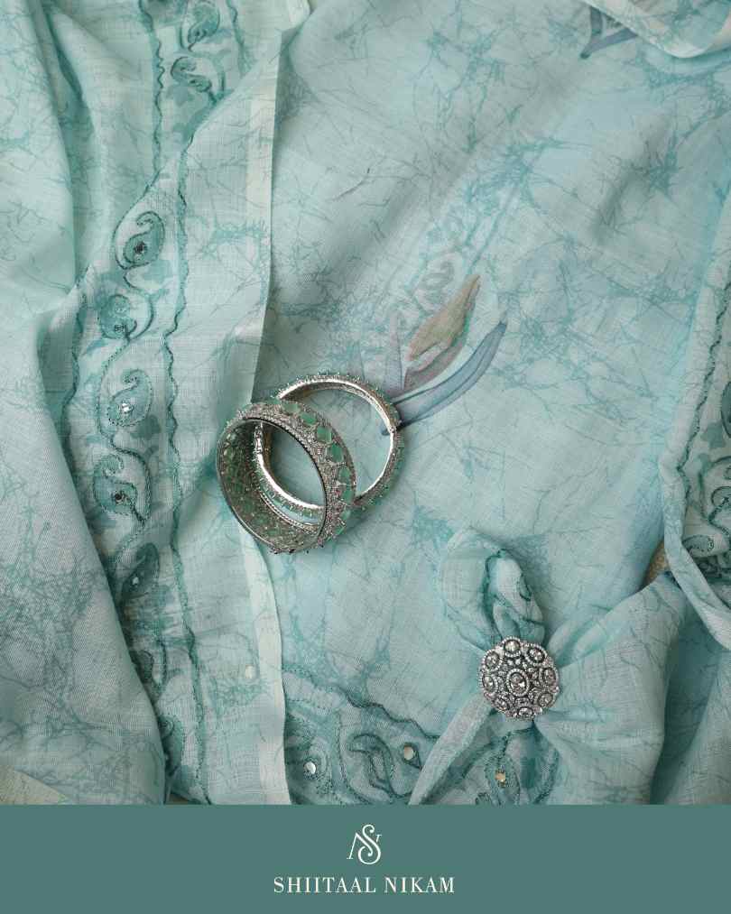 Aqua Blue Cotton Linen Suit Set with Digital Print, Embroidery & Mirror Work