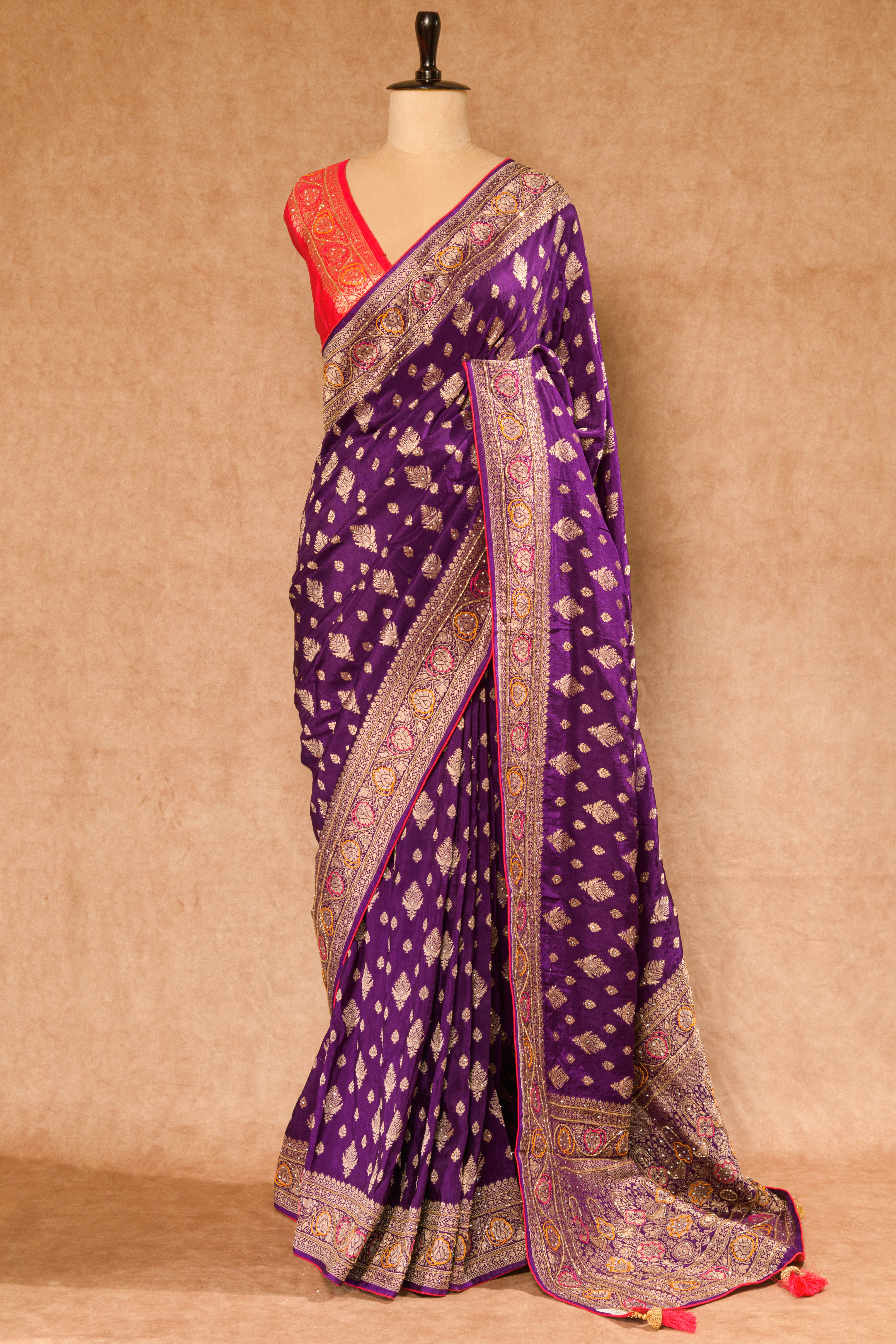 Purple & Red Dolla Weaving Saree with Cutdana & Stone Work