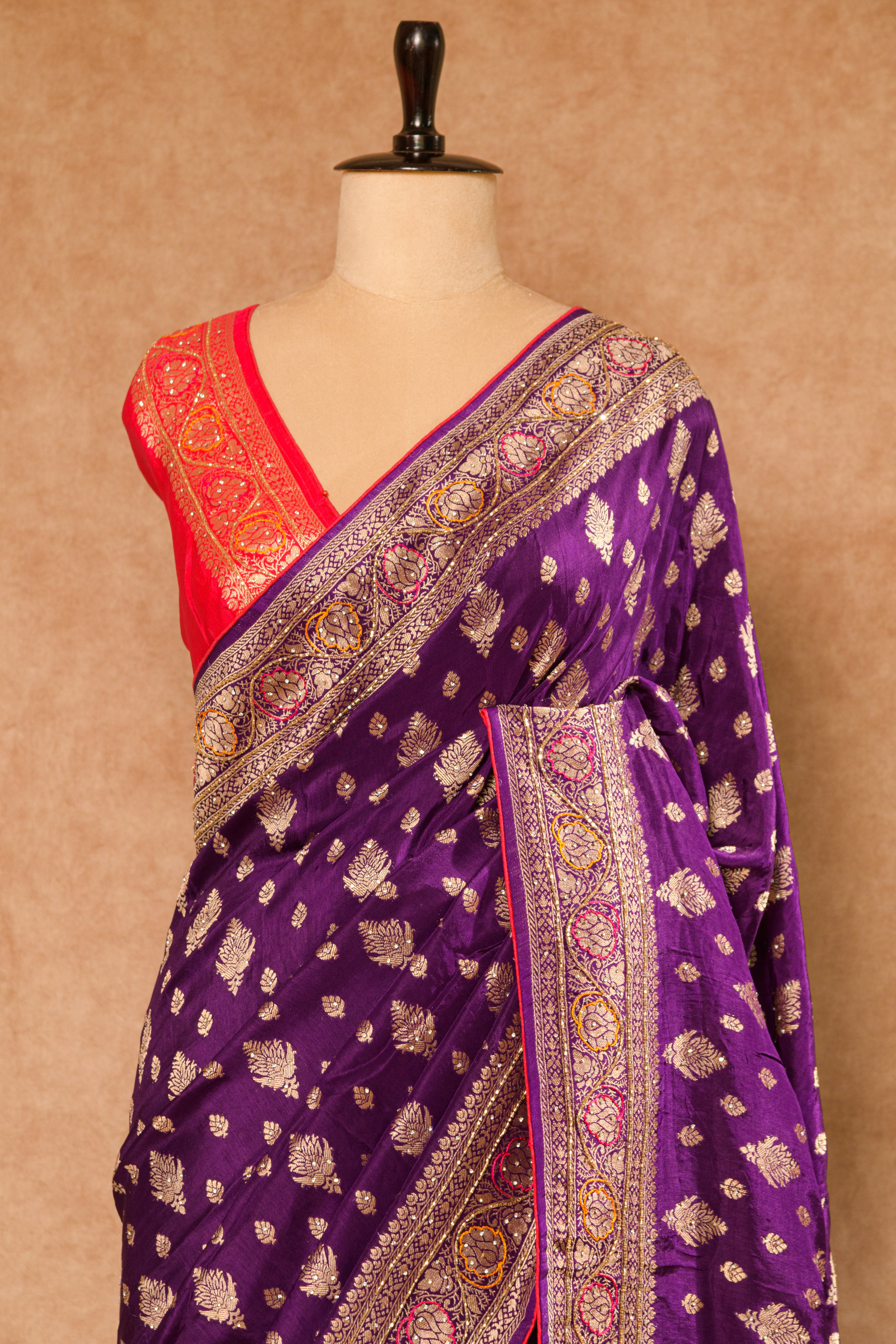 Purple & Red Dolla Weaving Saree with Cutdana & Stone Work