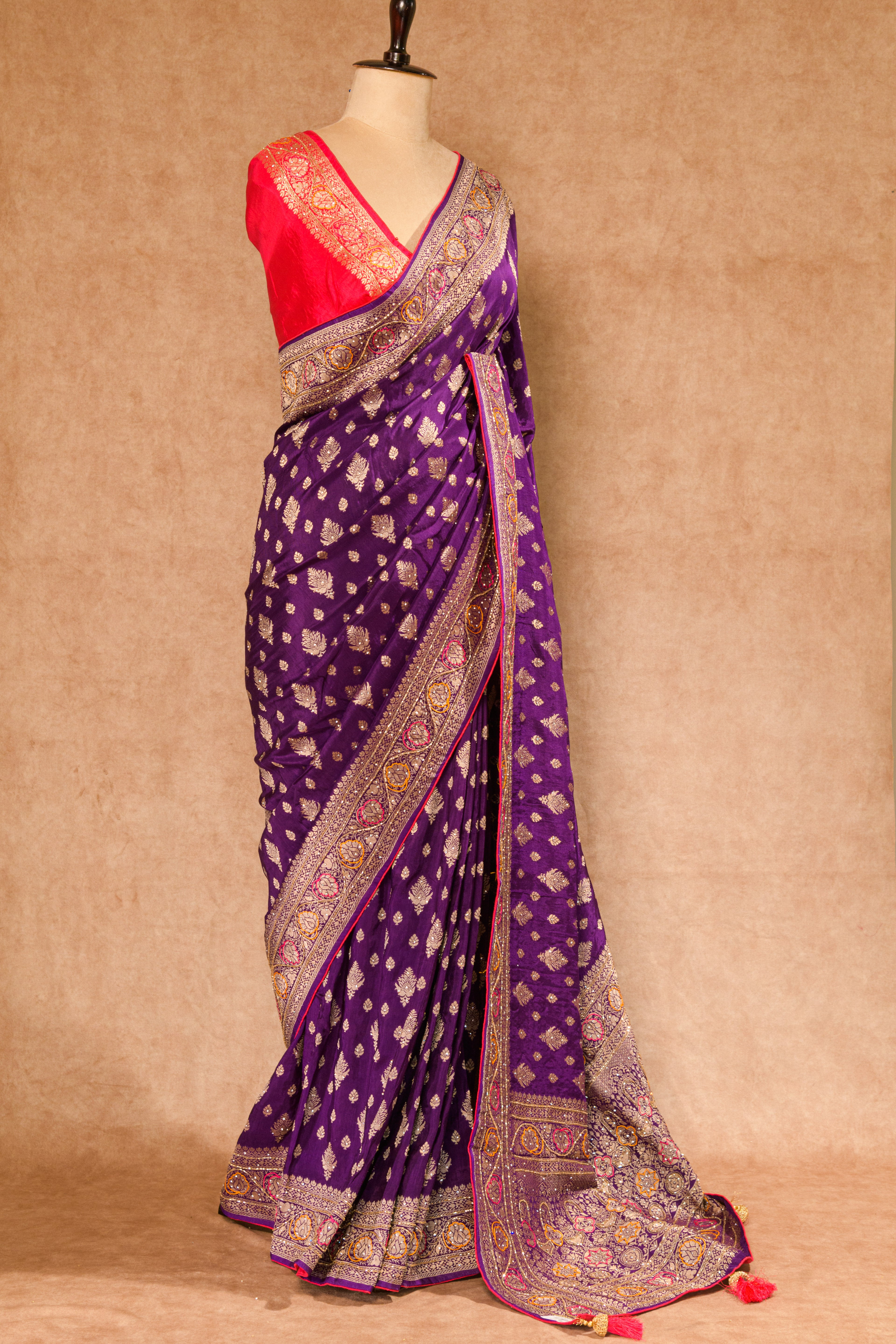 Purple & Red Dolla Weaving Saree with Cutdana & Stone Work