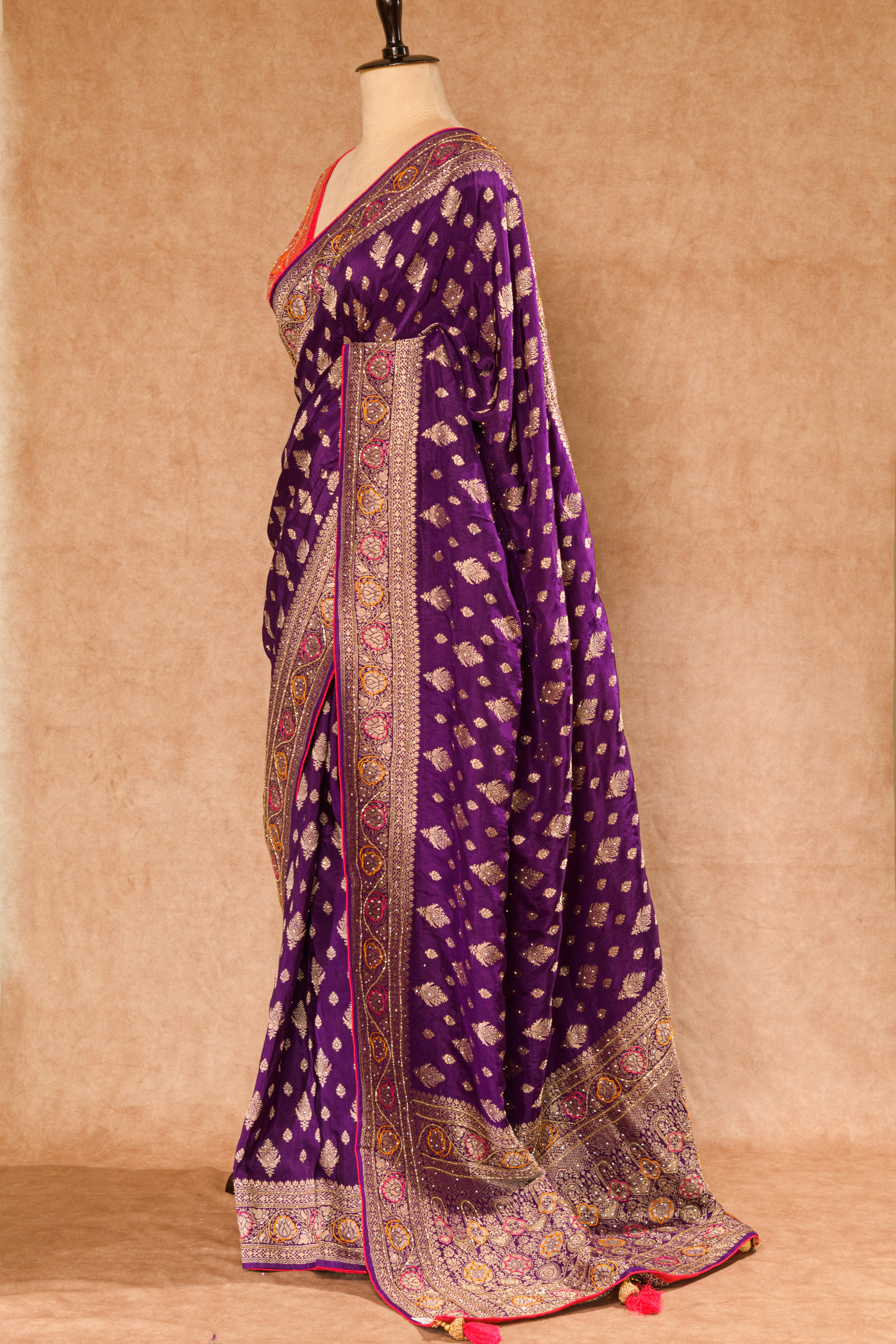Purple & Red Dolla Weaving Saree with Cutdana & Stone Work