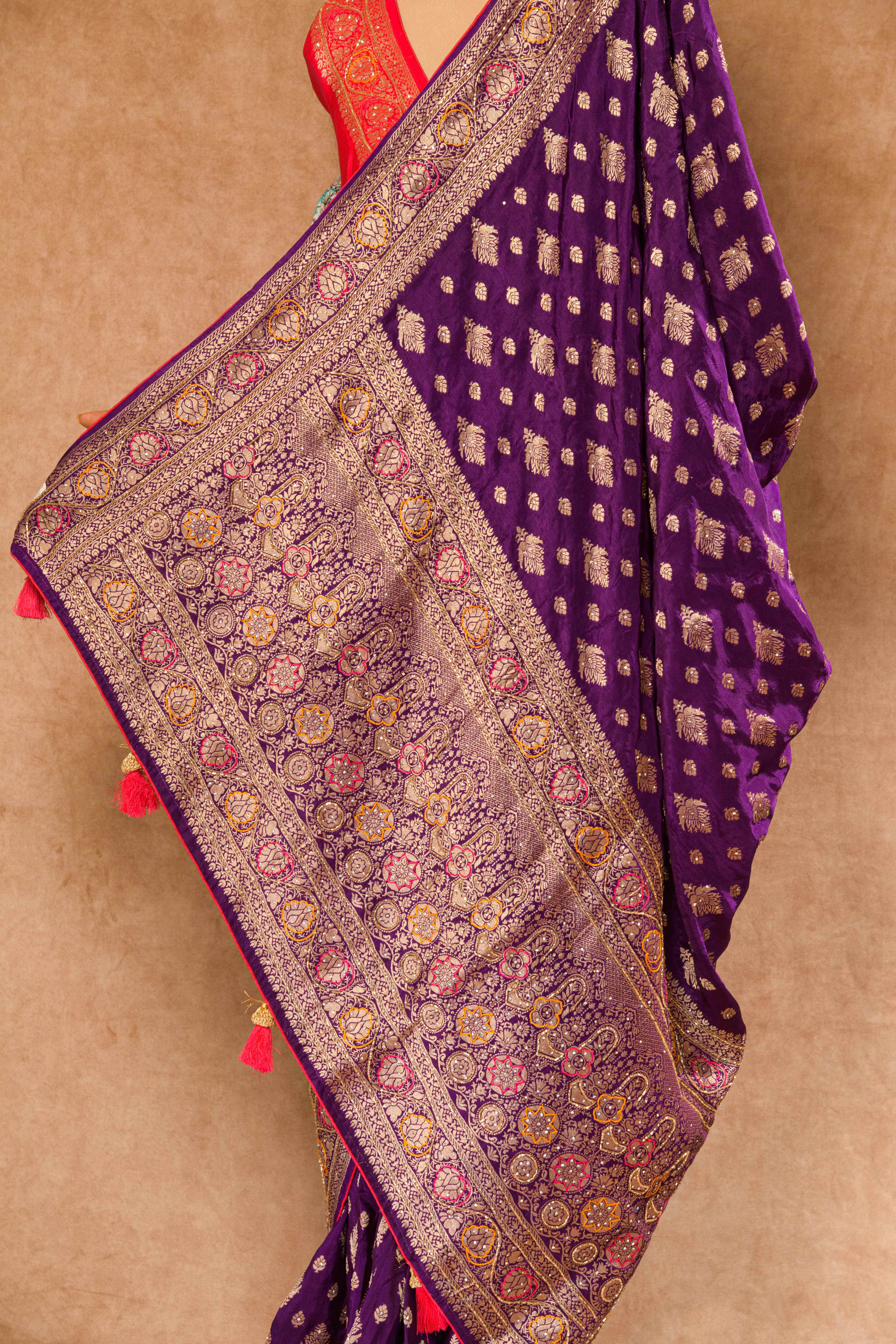 Purple & Red Dolla Weaving Saree with Cutdana & Stone Work