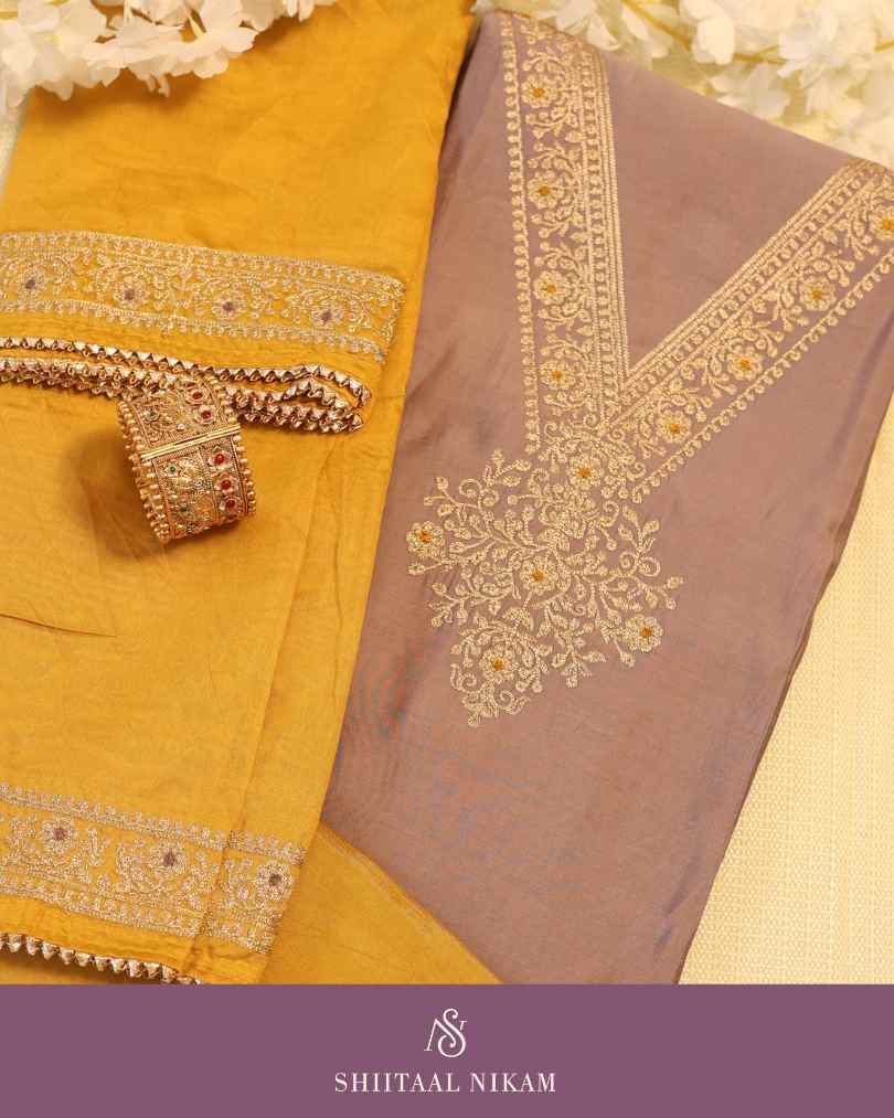 Lavender & Mustard Muslin Silk Embroidered Kurta Dress Material