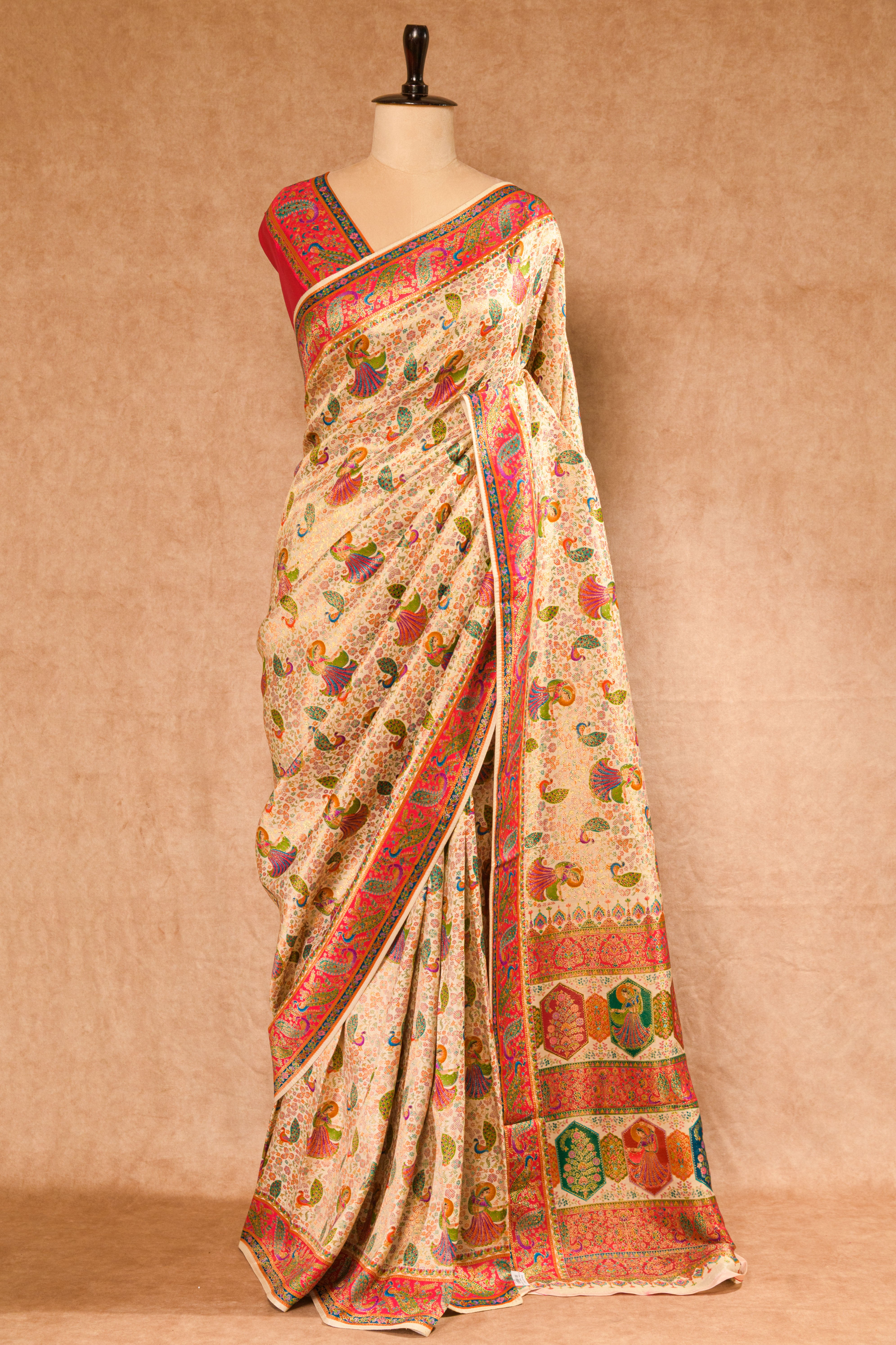 Cream & Rani Kanjivaram Tissue Saree with Position Print
