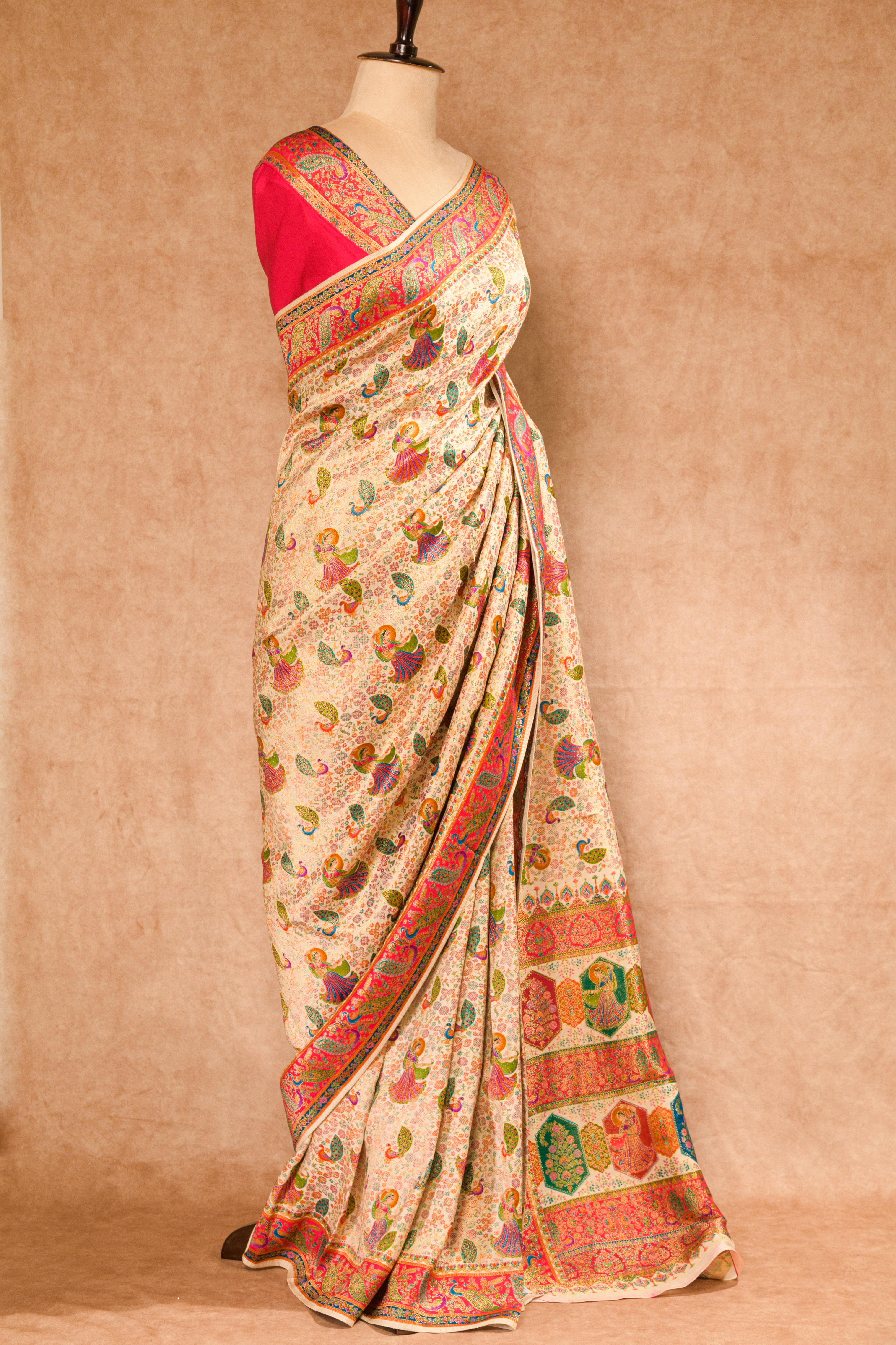 Cream & Rani Kanjivaram Tissue Saree with Position Print