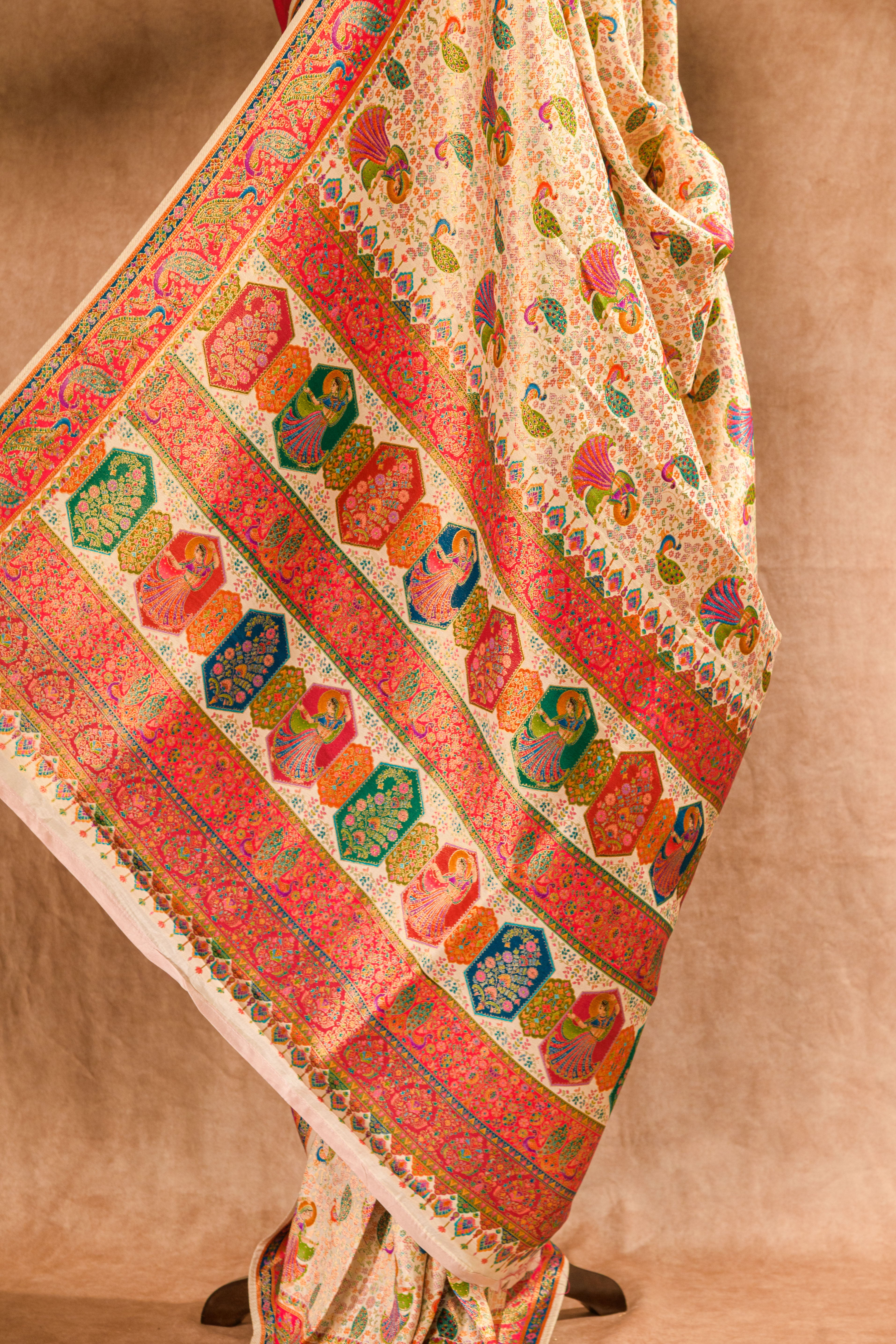 Cream & Rani Kanjivaram Tissue Saree with Position Print