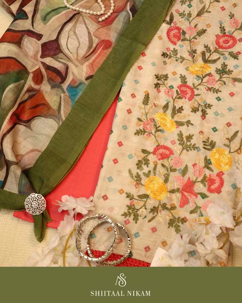 Beige Muslin Cotton Suit Set with Multicolour Floral Embroidery & Printed Dupatta
