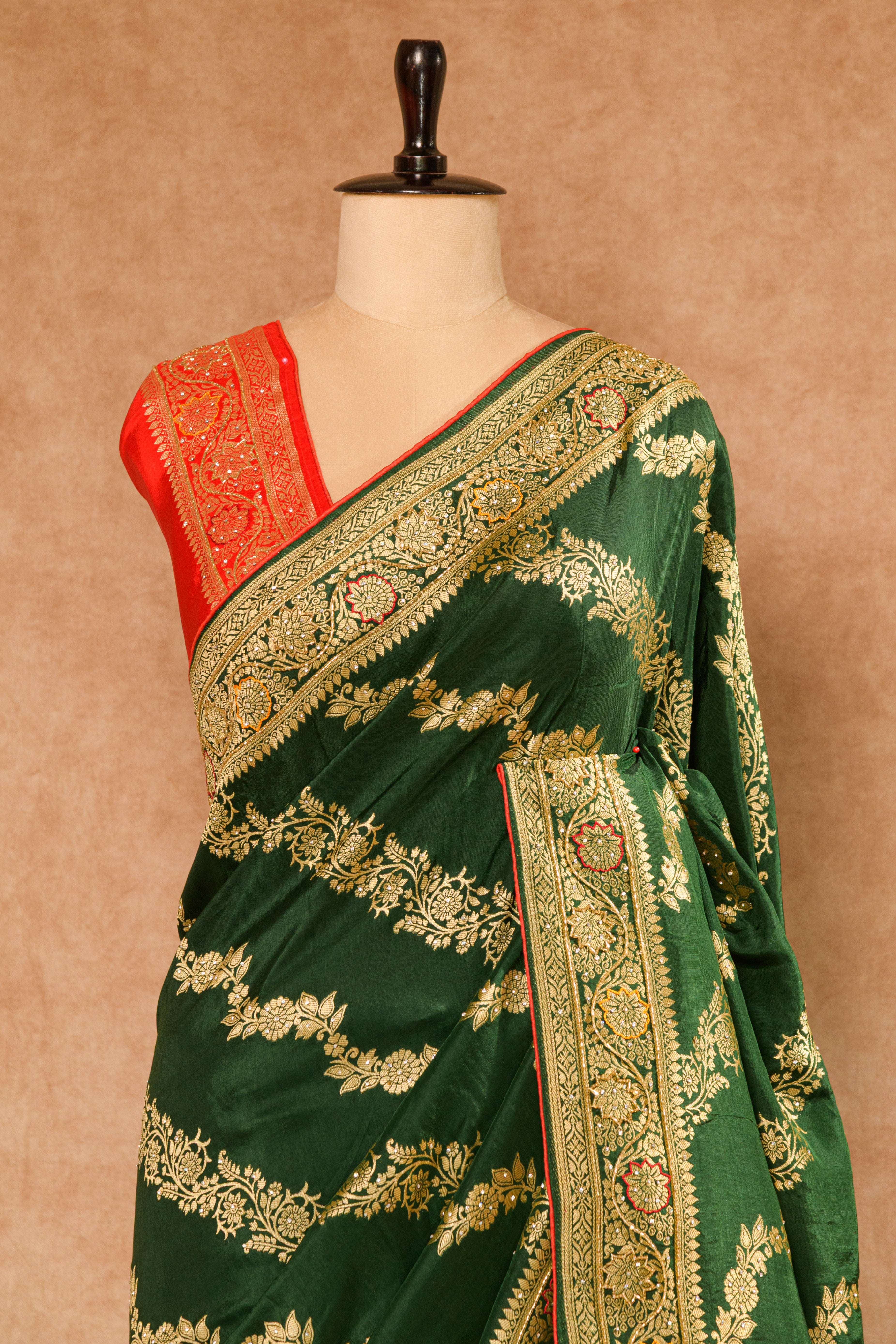 Green & Red Dolla Weaving Silk Saree with Cutdana Work