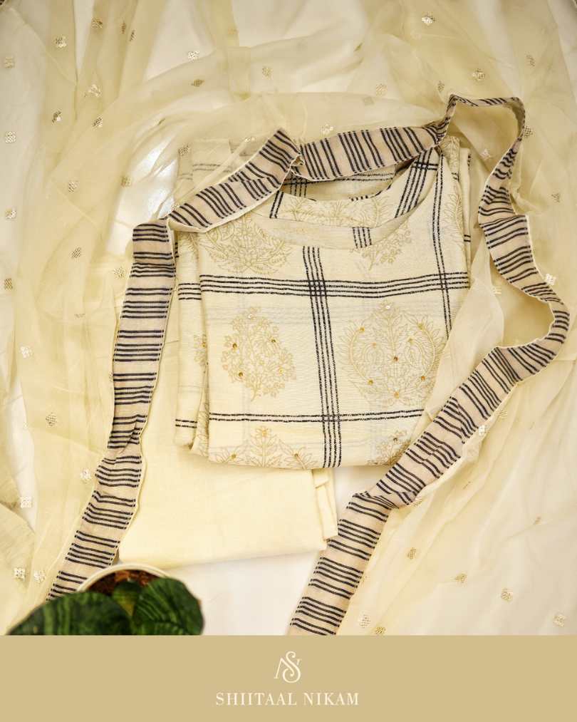 Cotton Block Print Suit Set with Chiffon Sequin Dupatta
