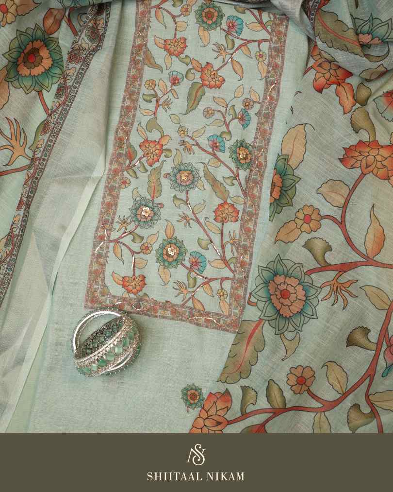 Mint Green Muslin Cotton Linen Suit Set with Digital Floral Print & Silver Border Dupatta