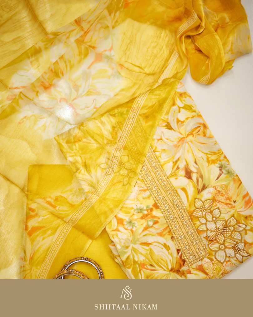Yellow Floral Printed Suit Set with Organza Dupatta