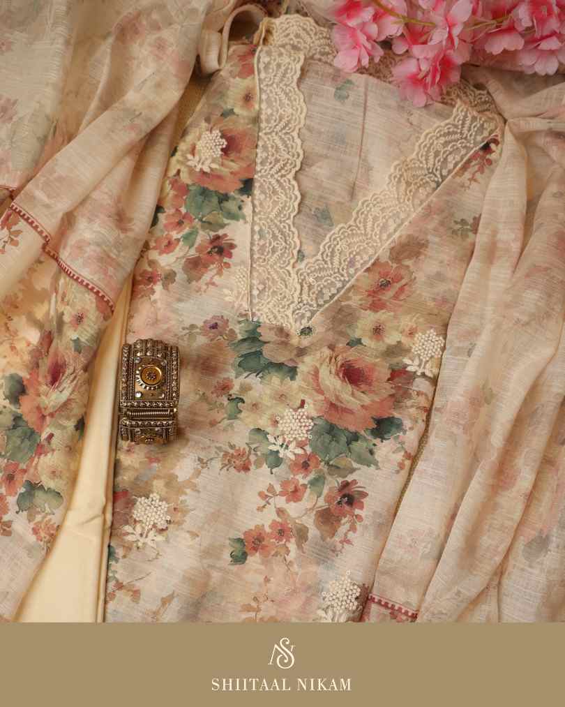 Beige Linen Suit Set with Floral Digital Print, Lace Neckline & Printed Dupatta
