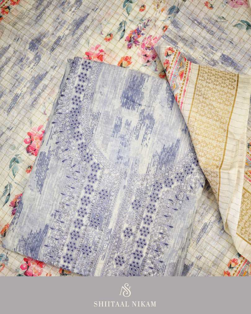 Chanderi Suit Set with Thread Embroidery & Floral Printed Dupatta