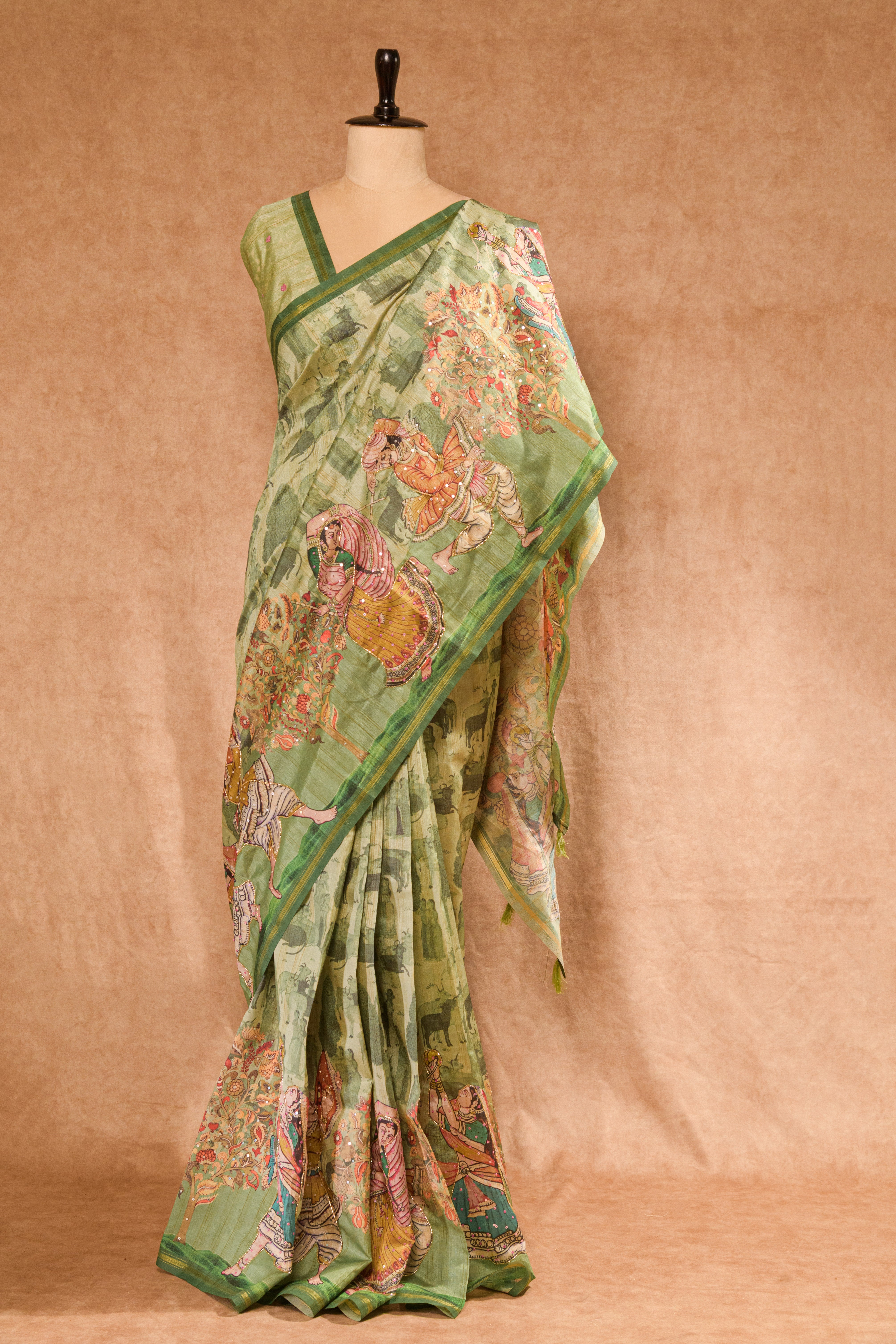 Pastel Rama Green Semi Tussar Saree with Warli Print & Cutdana Work