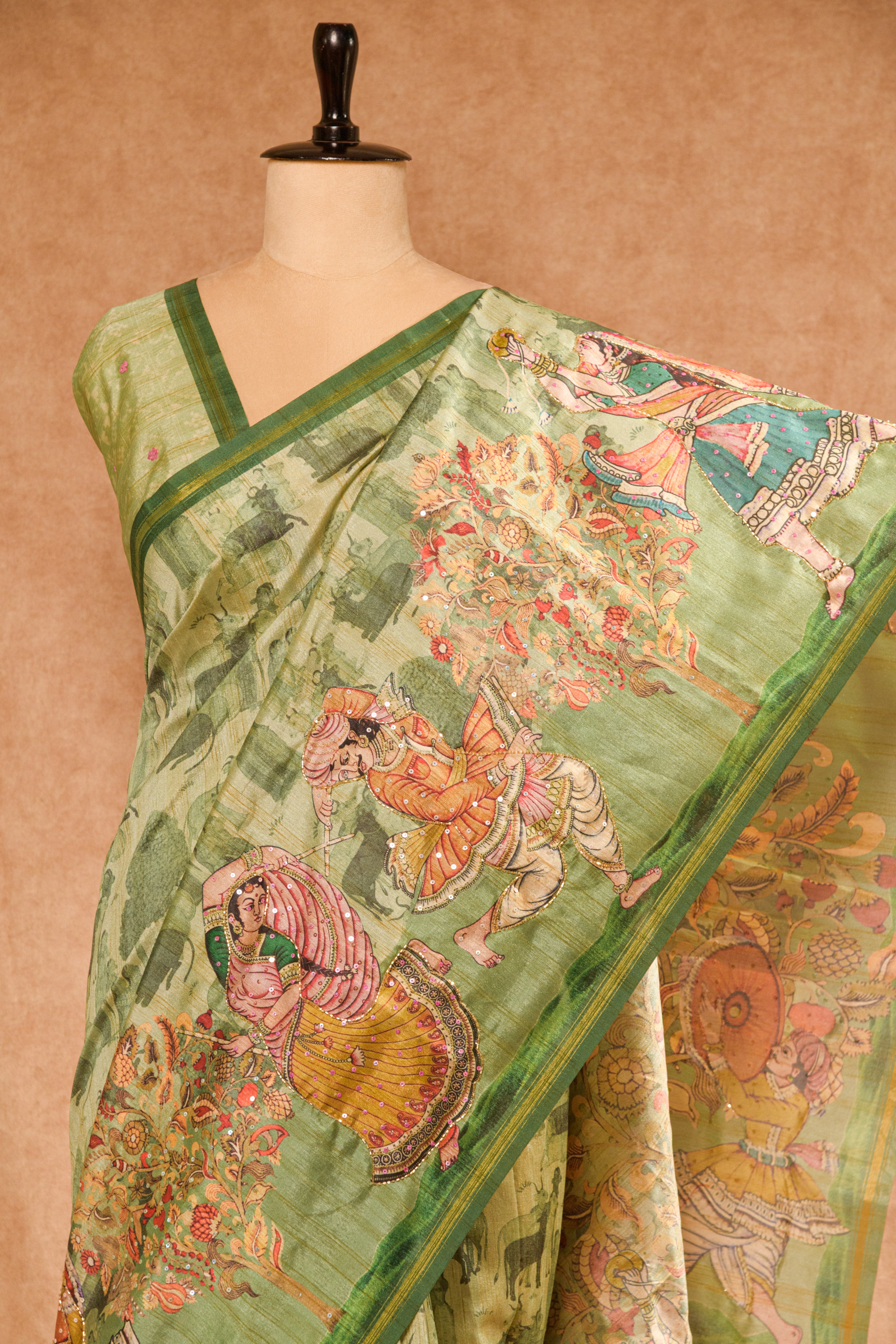 Pastel Rama Green Semi Tussar Saree with Warli Print & Cutdana Work