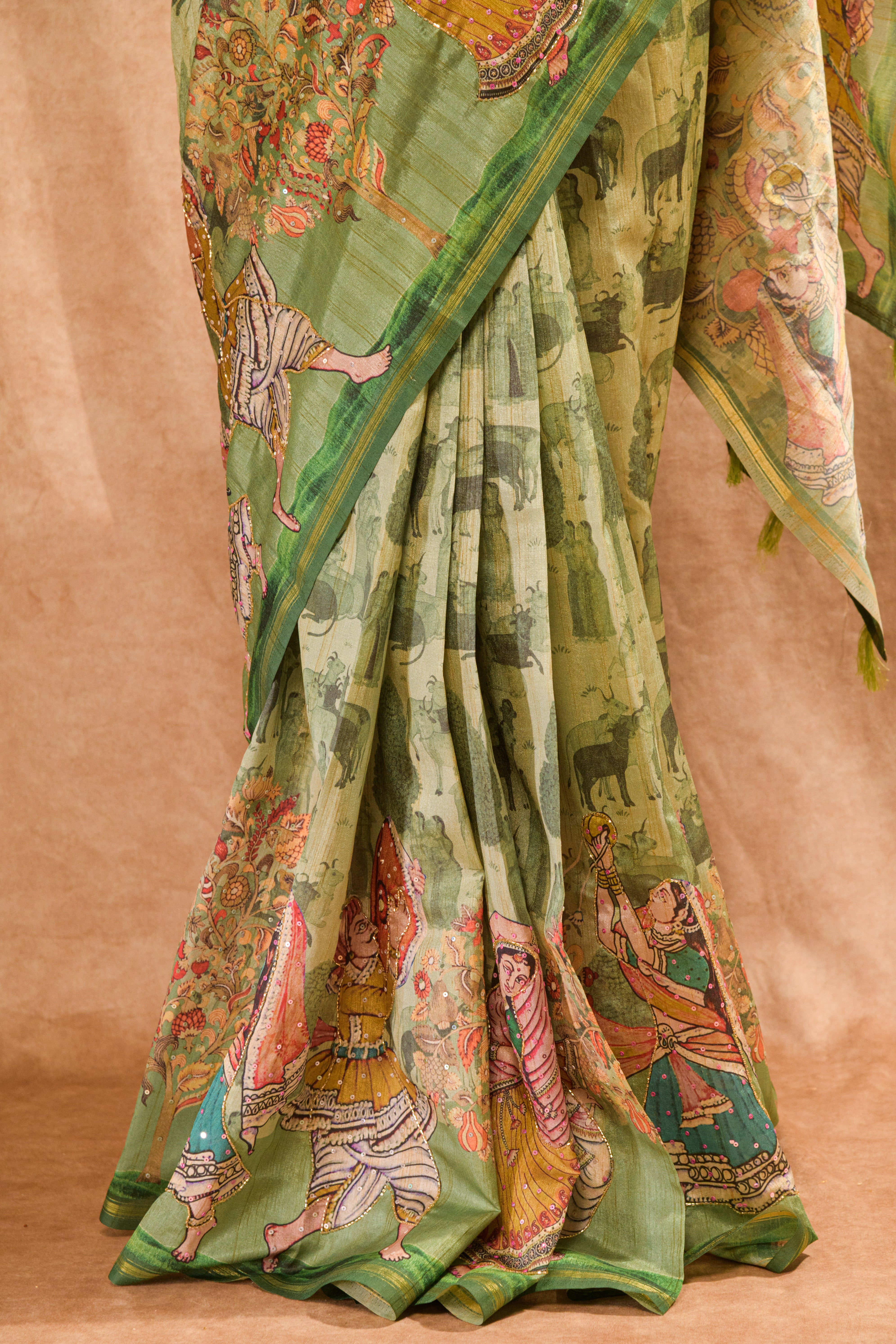 Pastel Rama Green Semi Tussar Saree with Warli Print & Cutdana Work
