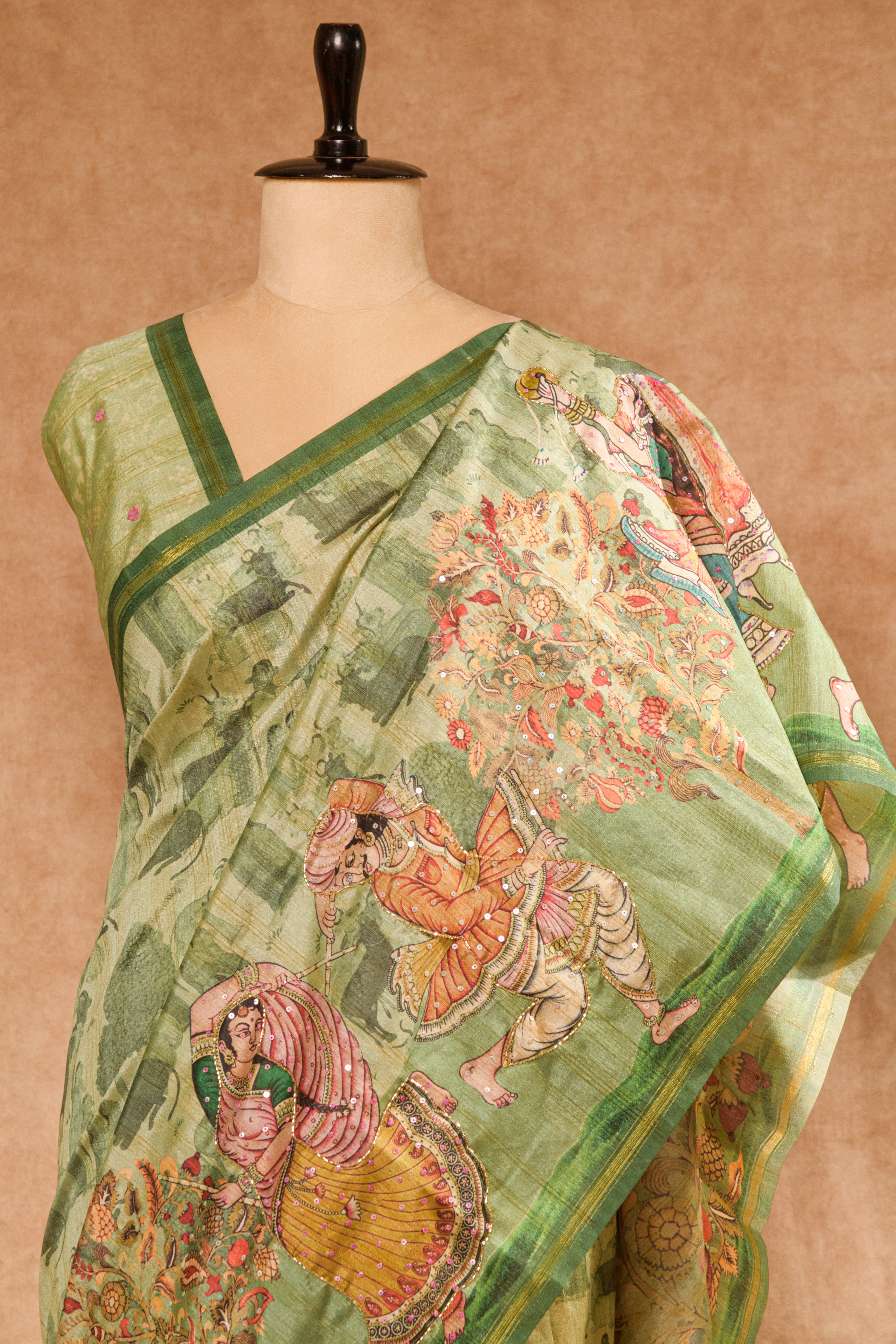 Pastel Rama Green Semi Tussar Saree with Warli Print & Cutdana Work