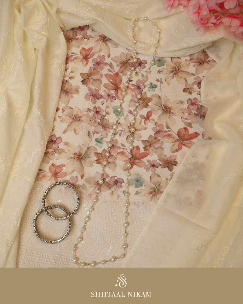 Ivory Cotton Suit Set with Floral Print, Thread Embroidery & Lightweight Dupatta