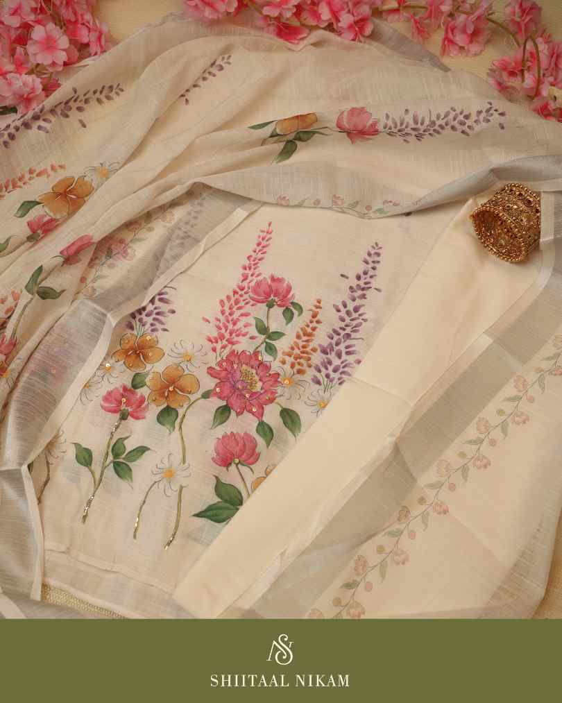 Ivory Linen Suit Set with Digital Floral Print, Buttis & Printed Dupatta