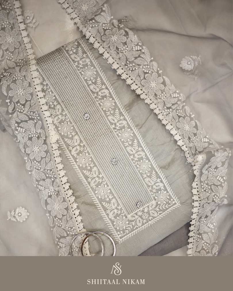 Grey Chanderi Suit Set with Thread Work &amp; Organza Dupatta
