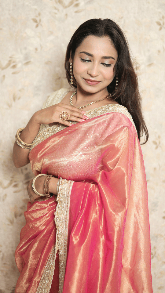 Peach Pink Soft Organza Saree with Golden Zari Sequin Work & Bottle Green Velvet Blouse