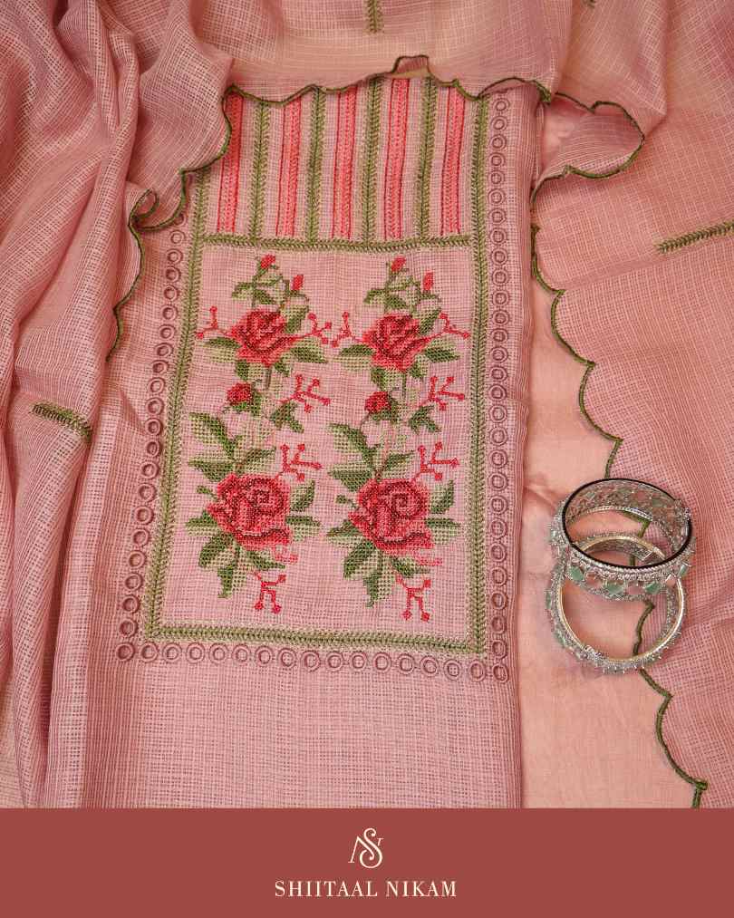 Blush Pink Kota Doria Kurta Suit Set with Floral Embroidery & Scalloped Dupatta