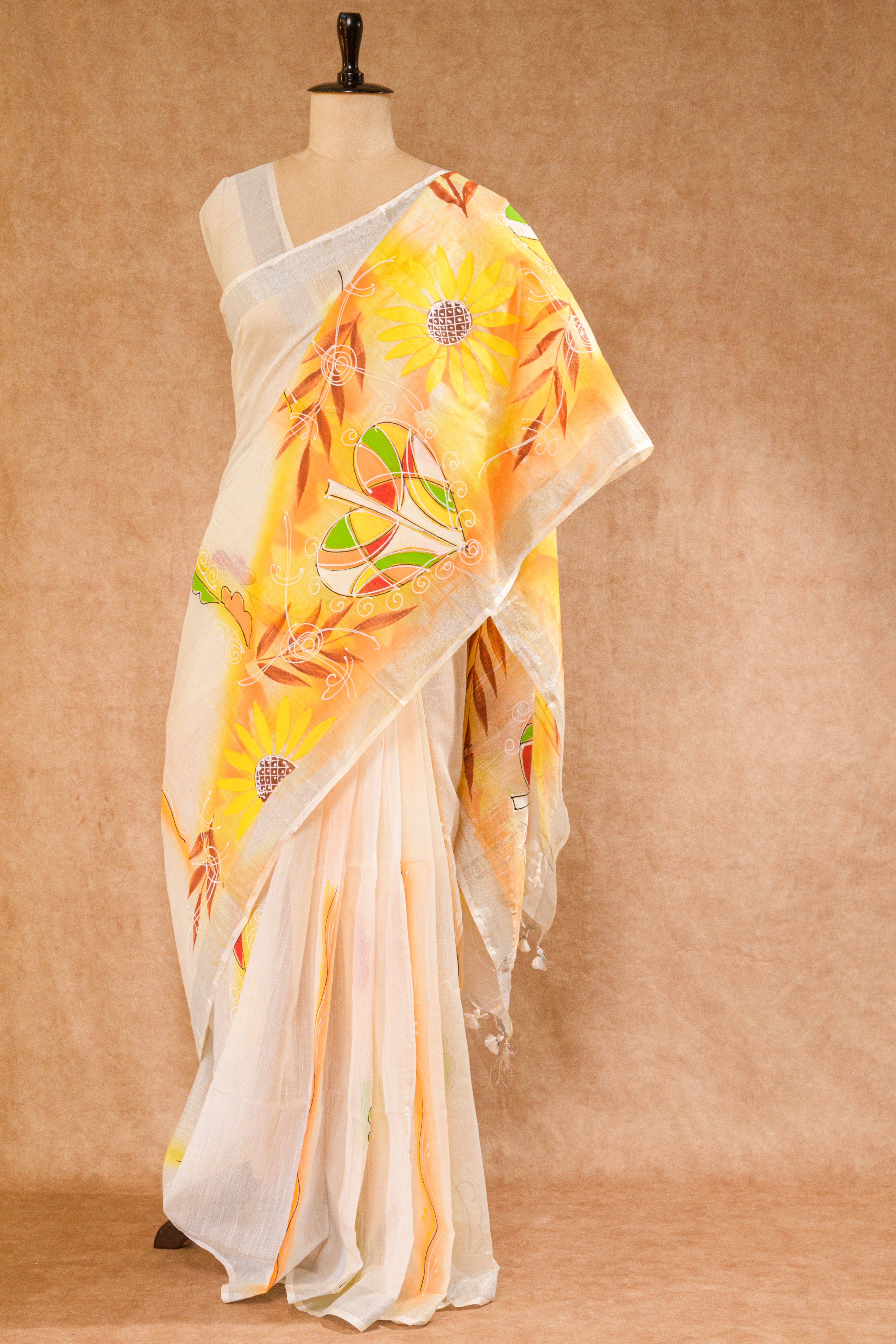 Cream Handloom Cotton Saree with Hand-Painted Design