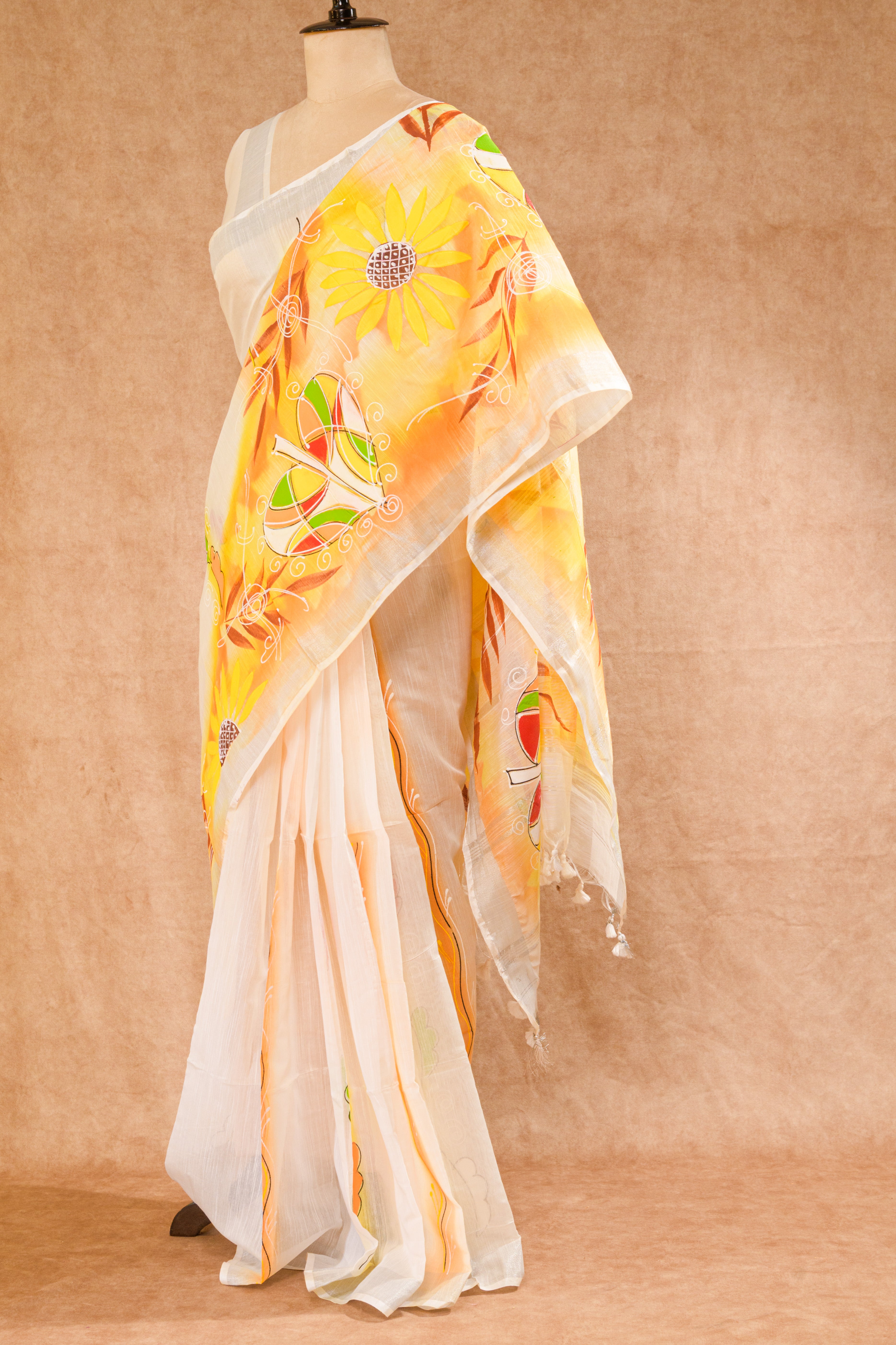 Cream Handloom Cotton Saree with Hand-Painted Design