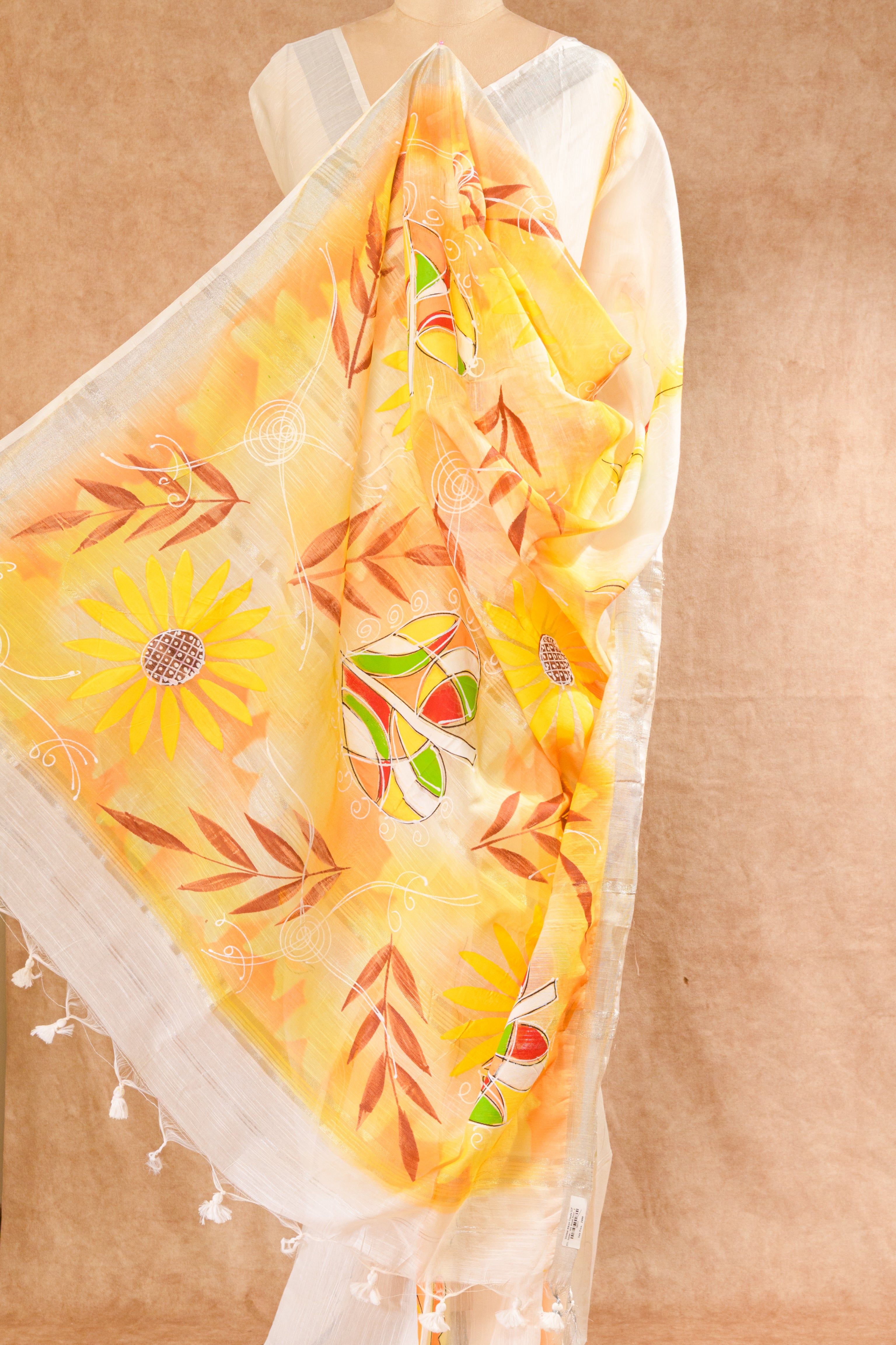 Cream Handloom Cotton Saree with Hand-Painted Design