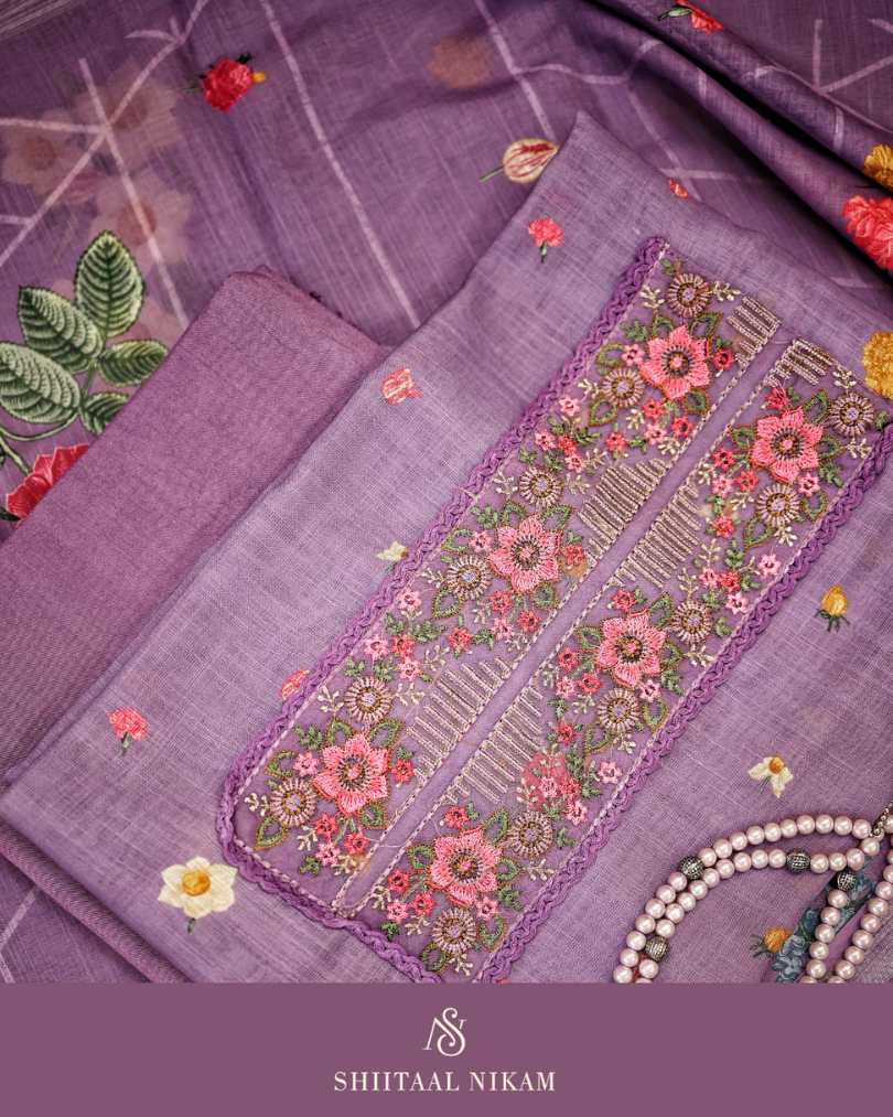 Lavender Cotton Suit Set with Floral Thread Embroidery