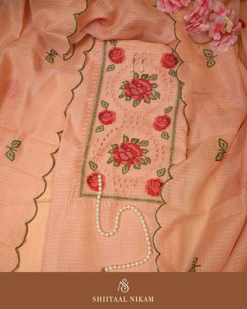 Peach Kota Doria Kurta Suit Set with Floral Embroidery & Cutwork Detailing